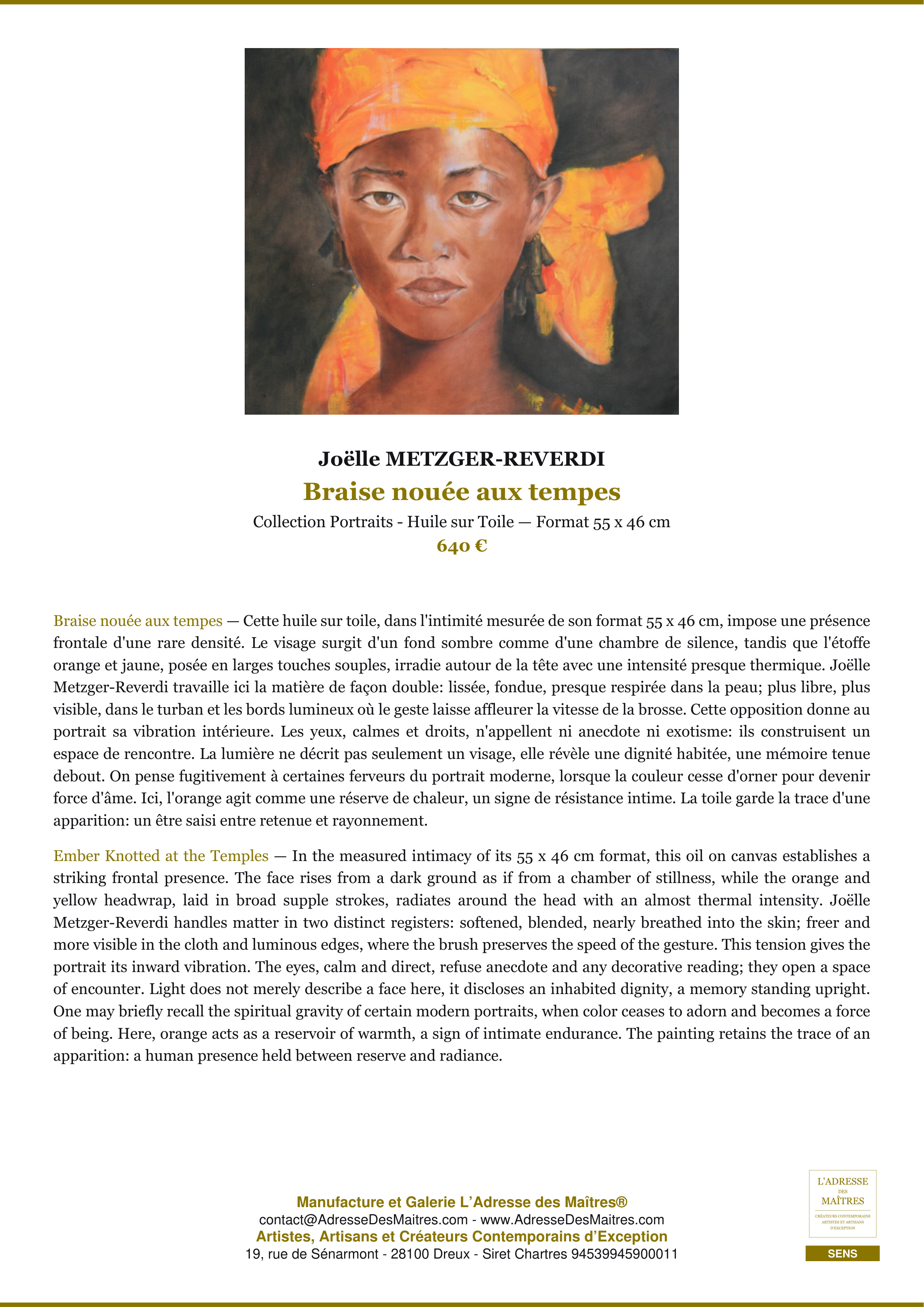 Fiche Premium — Braise nouée aux tempes — Joëlle METZGER-REVERDI — L'Adresse des Maîtres®