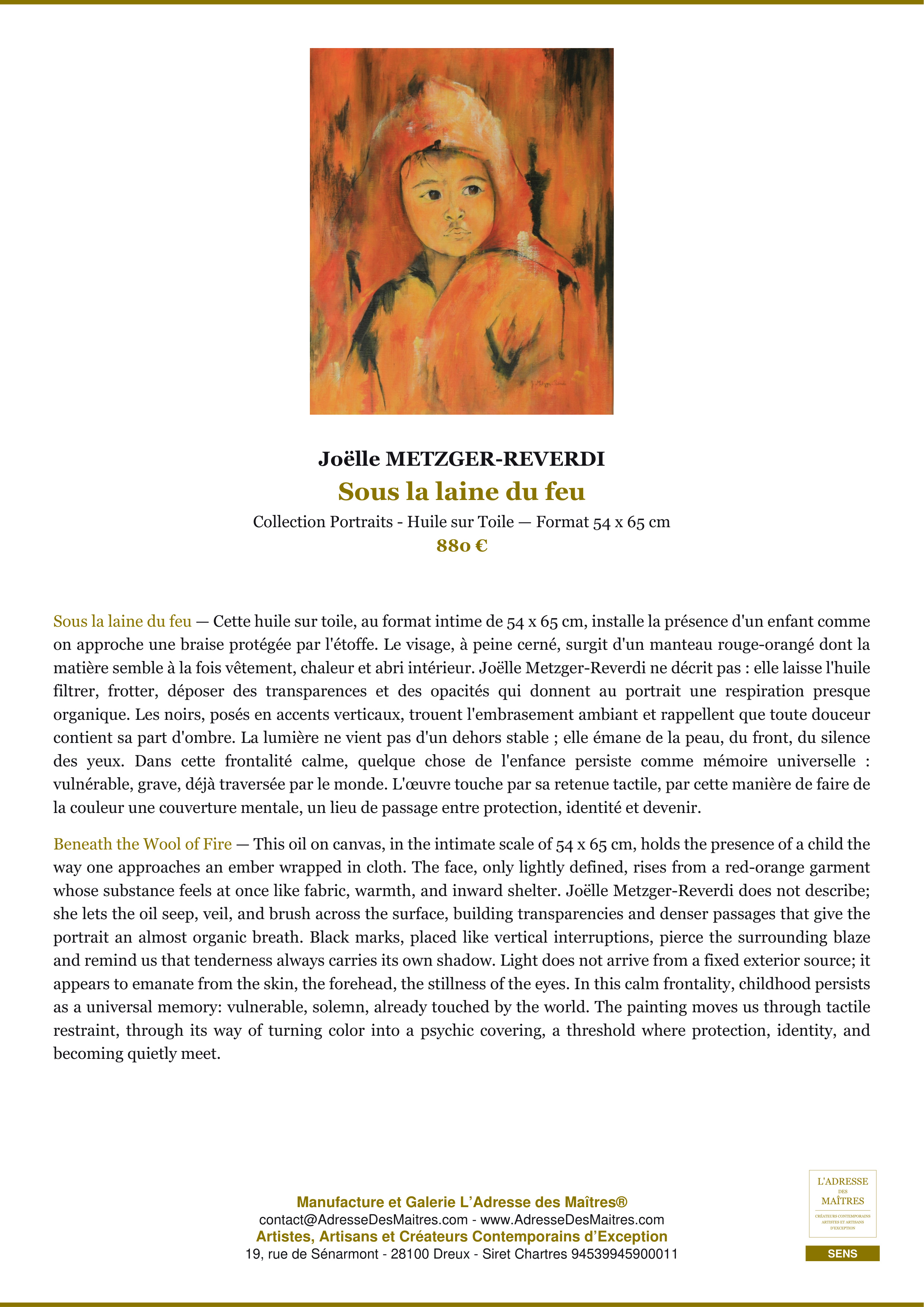 Fiche Premium — Sous la laine du feu — Joëlle METZGER-REVERDI — L'Adresse des Maîtres®
