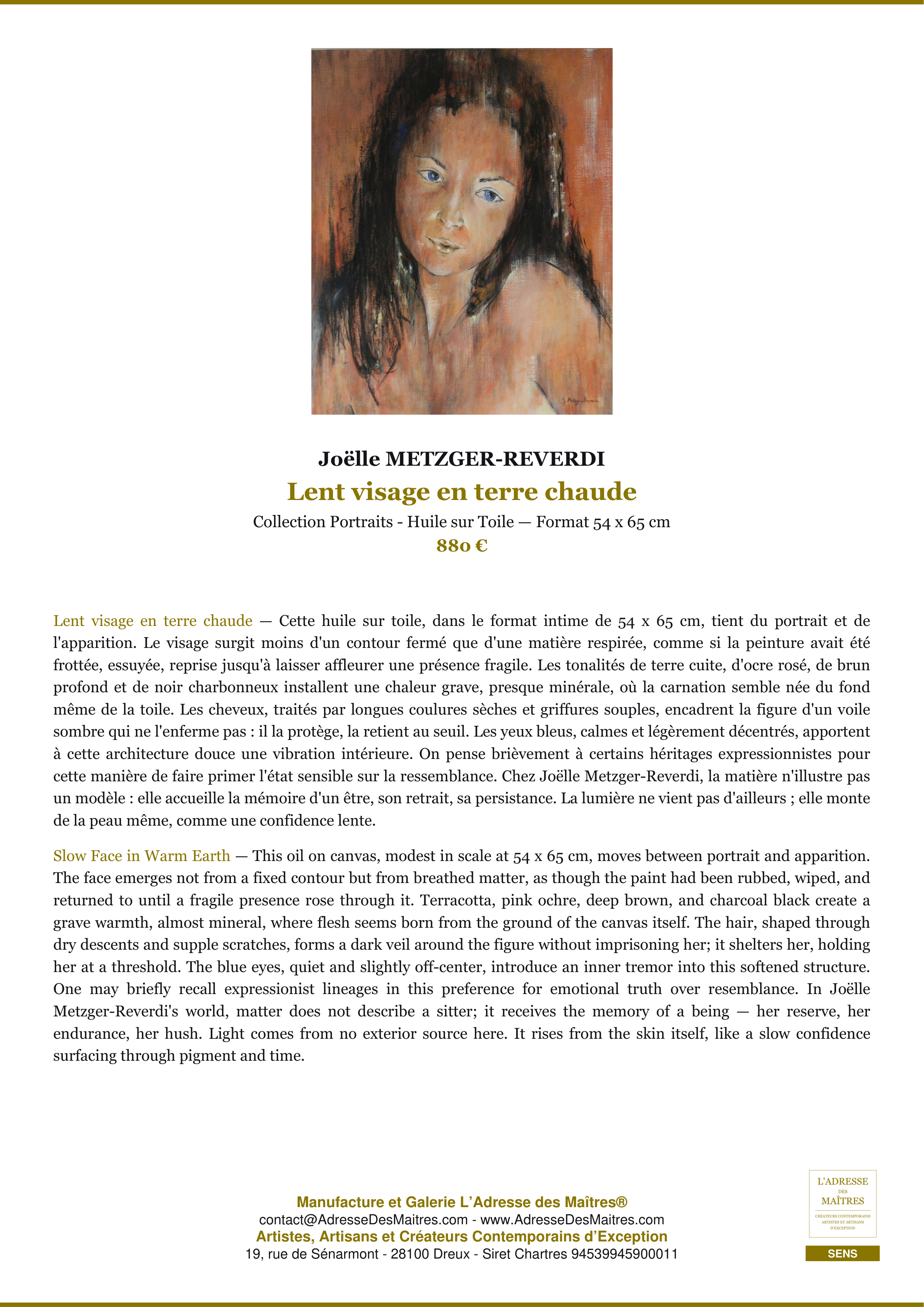Fiche Premium — Lent visage en terre chaude — Joëlle METZGER-REVERDI — L'Adresse des Maîtres®