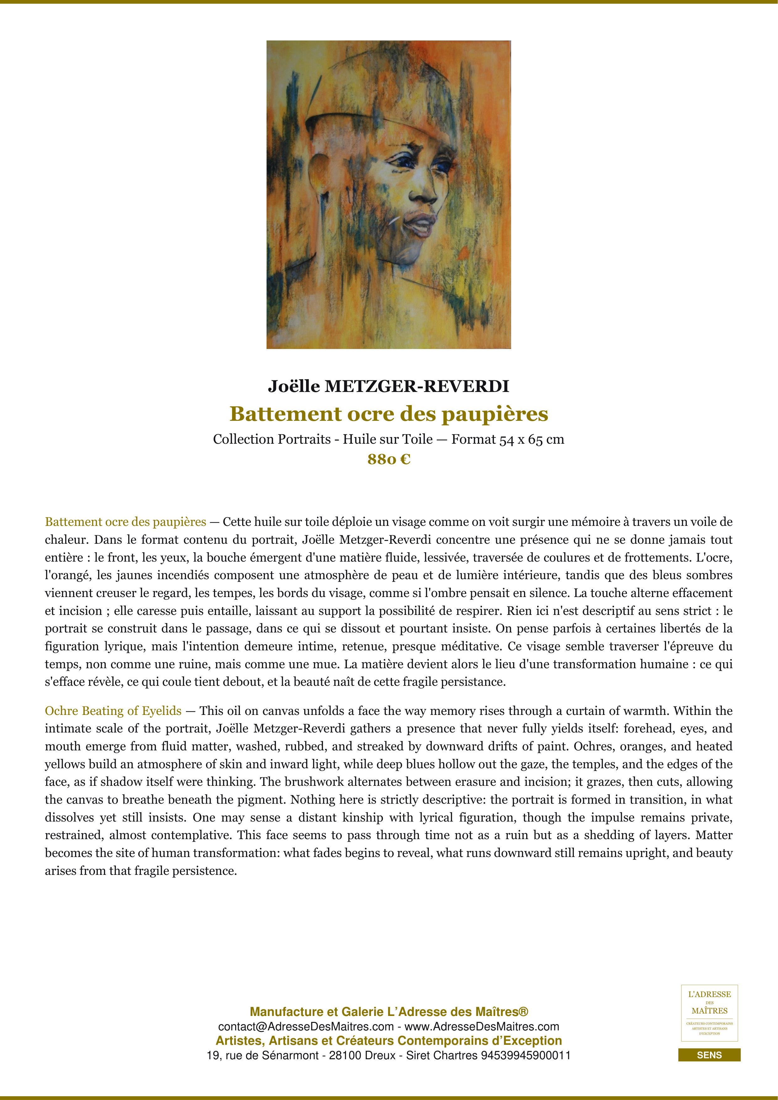 Fiche Premium — Battement ocre des paupières — Joëlle METZGER-REVERDI — L'Adresse des Maîtres®
