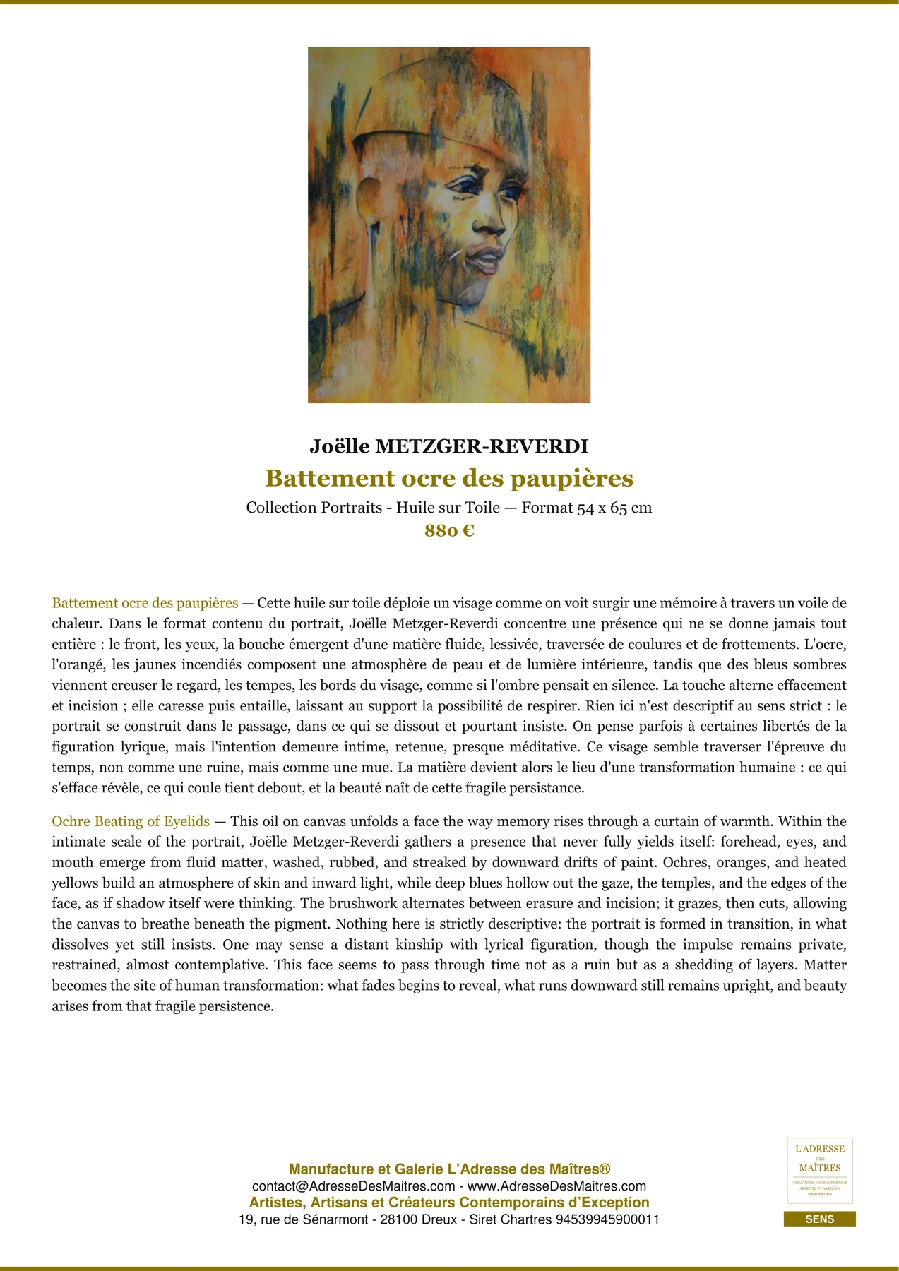 Fiche Premium — Battement ocre des paupières — Joëlle METZGER-REVERDI — L'Adresse des Maîtres®