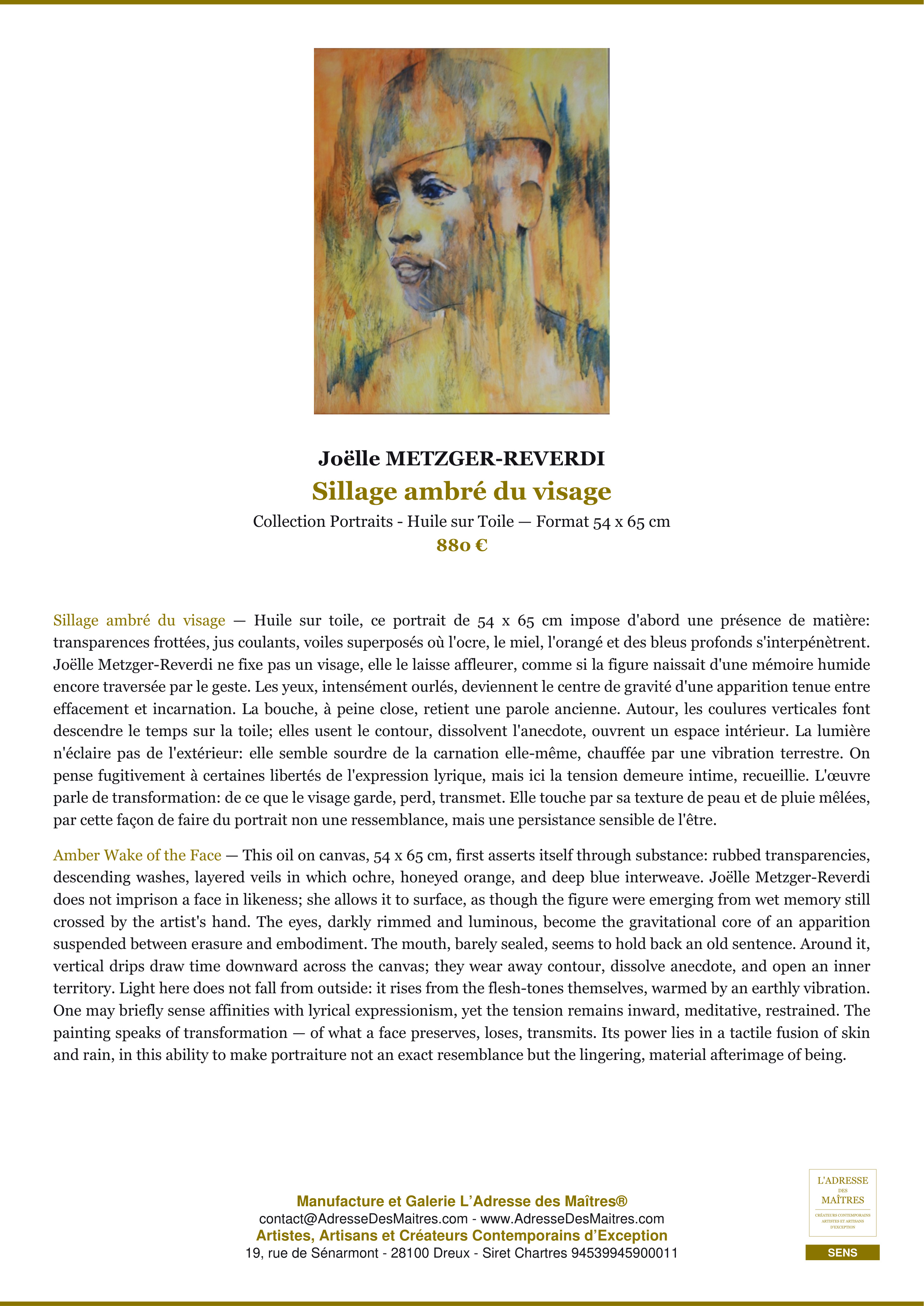 Fiche Premium — Sillage ambré du visage — Joëlle METZGER-REVERDI — L'Adresse des Maîtres®