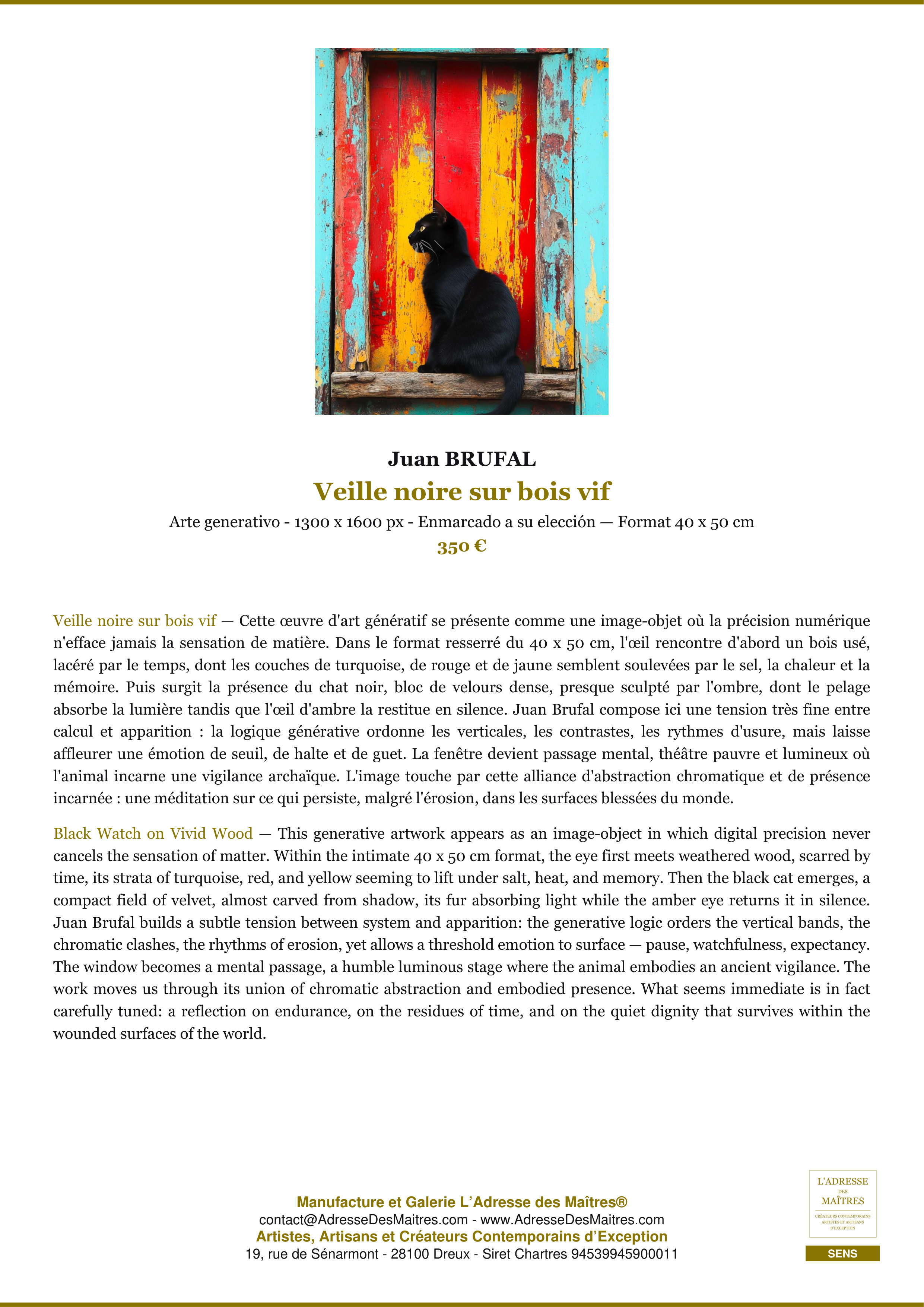 Fiche Premium — Veille noire sur bois vif — Juan BRUFAL — L'Adresse des Maîtres®