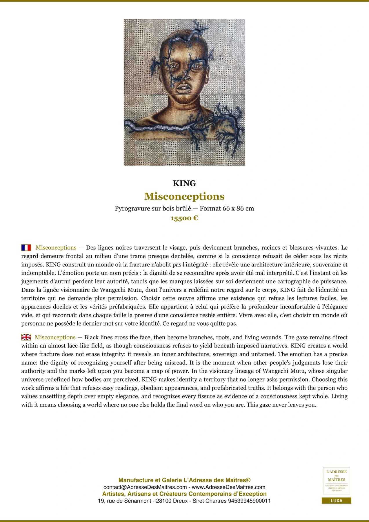 Misconceptions — Fiche Premium, Pyrogravure sur bois brûlé 66 x 86 cm, KING