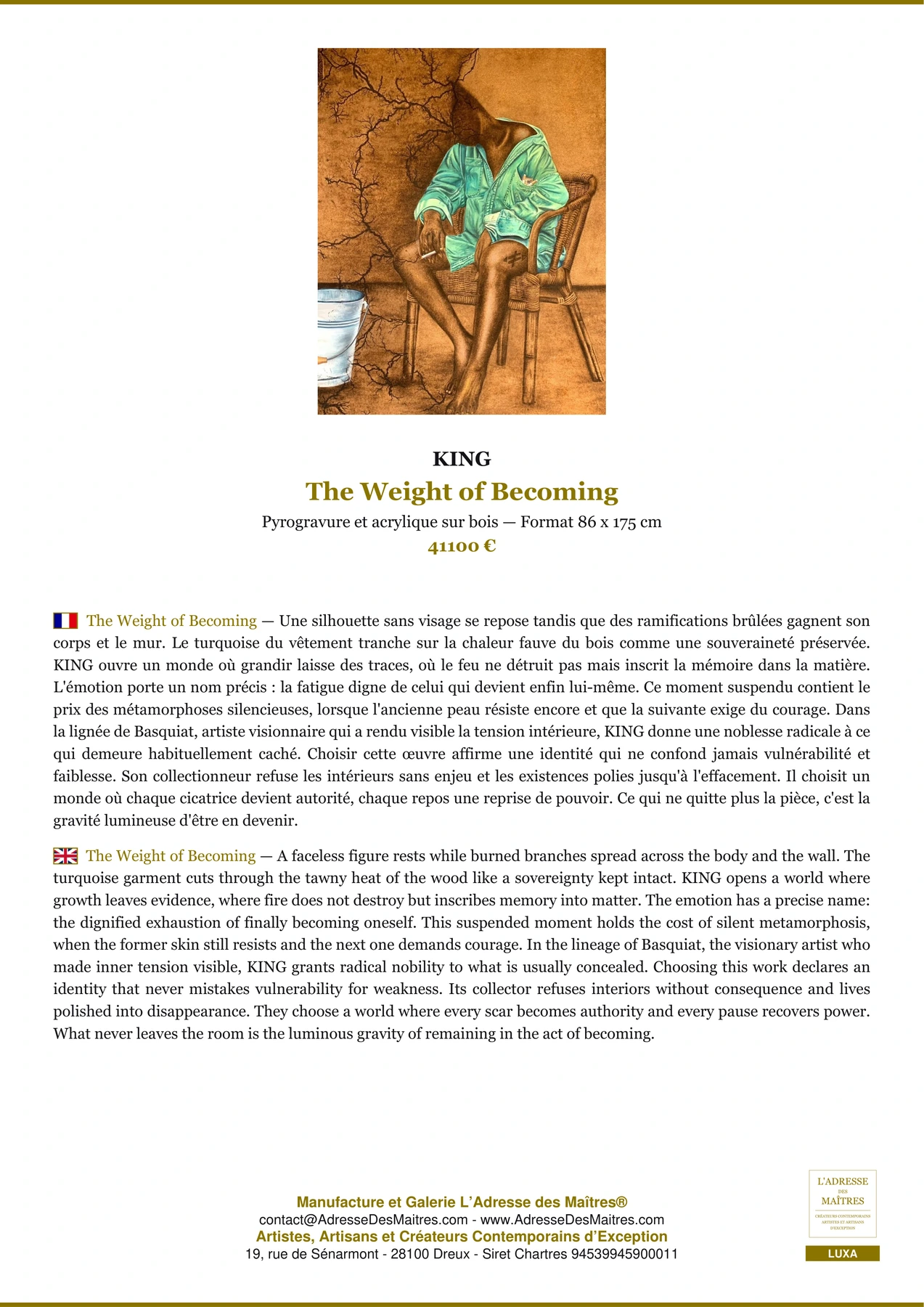 The Weight of Becoming — Fiche Premium, Pyrogravure et acrylique sur bois 86 x 175 cm, KING