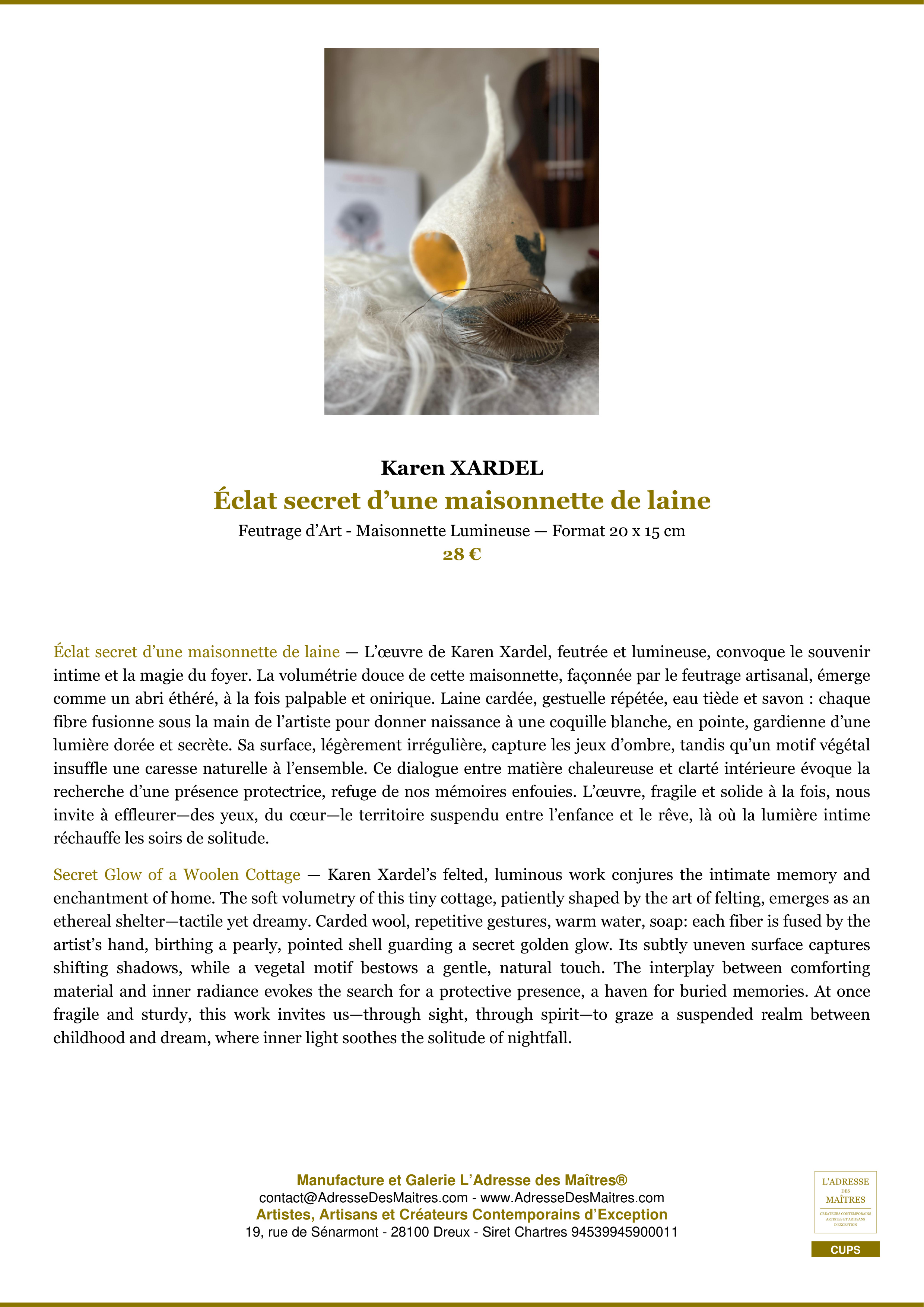 Fiche Premium — Éclat secret d’une maisonnette de laine — Karen XARDEL — L'Adresse des Maîtres®
