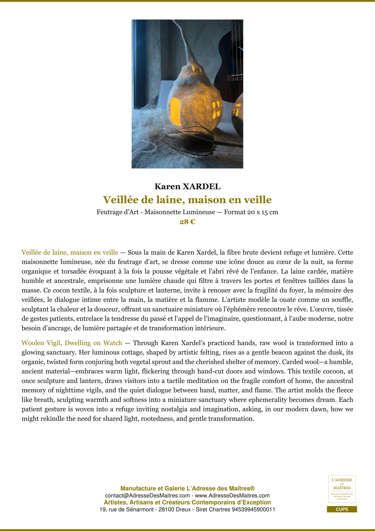 Fiche Premium - Veillée de laine, maison en veille - Karen XARDEL - L'Adresse des Maîtres®