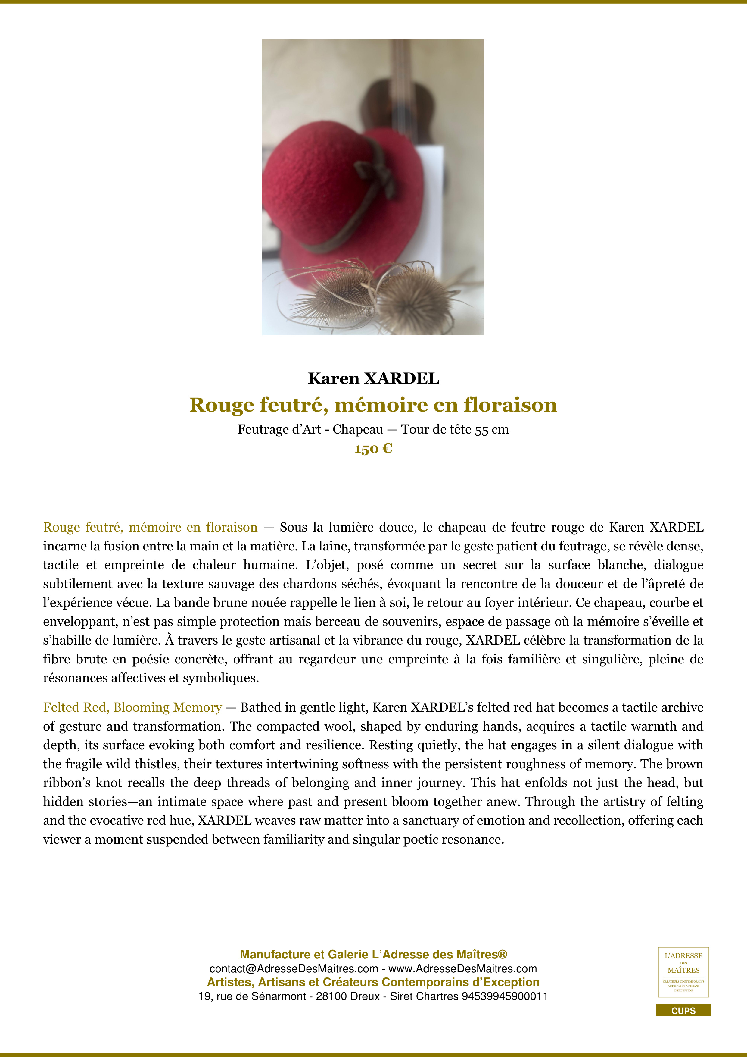 Fiche Premium — Rouge feutré, mémoire en floraison — Karen XARDEL — L'Adresse des Maîtres®