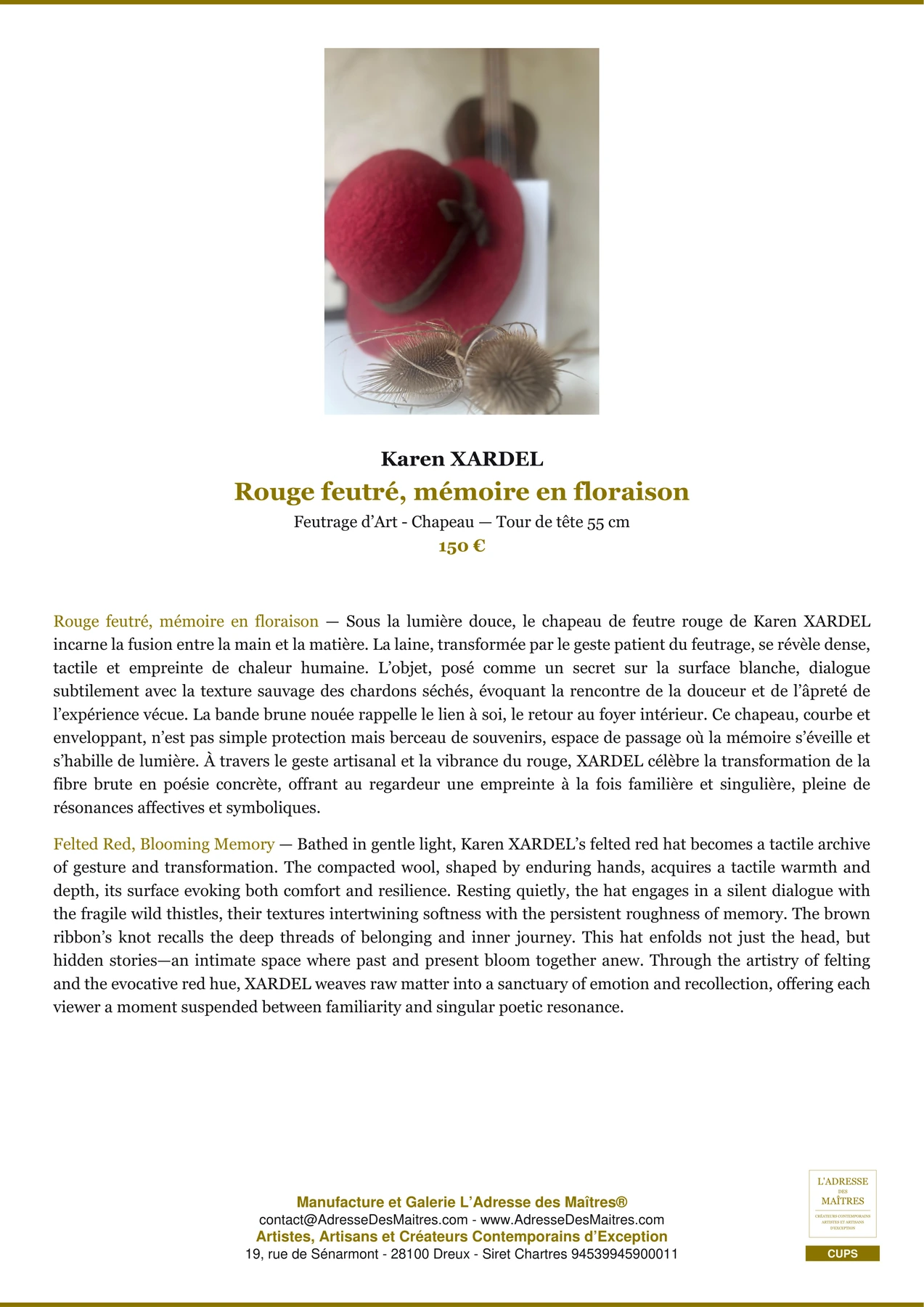 Fiche Premium - Rouge feutré, mémoire en floraison - Karen XARDEL - L'Adresse des Maîtres®