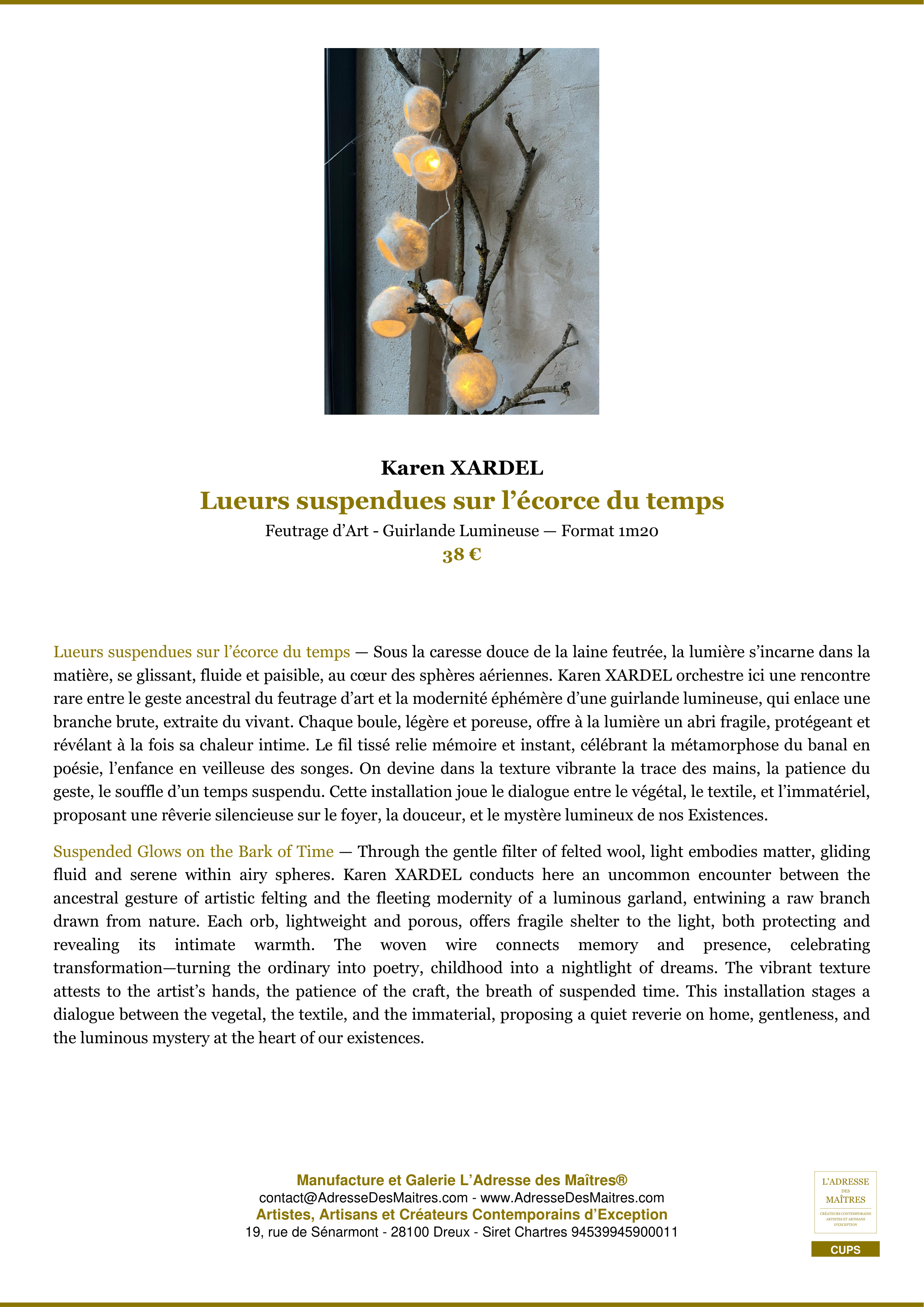 Fiche Premium — Lueurs suspendues sur l’écorce du temps — Karen XARDEL — L'Adresse des Maîtres®