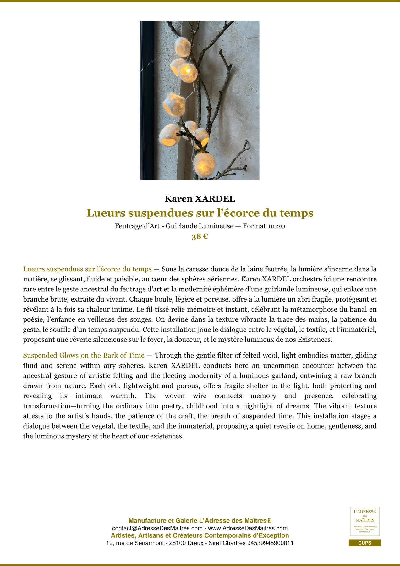 Fiche Premium - Lueurs suspendues sur l’écorce du temps - Karen XARDEL - L'Adresse des Maîtres®