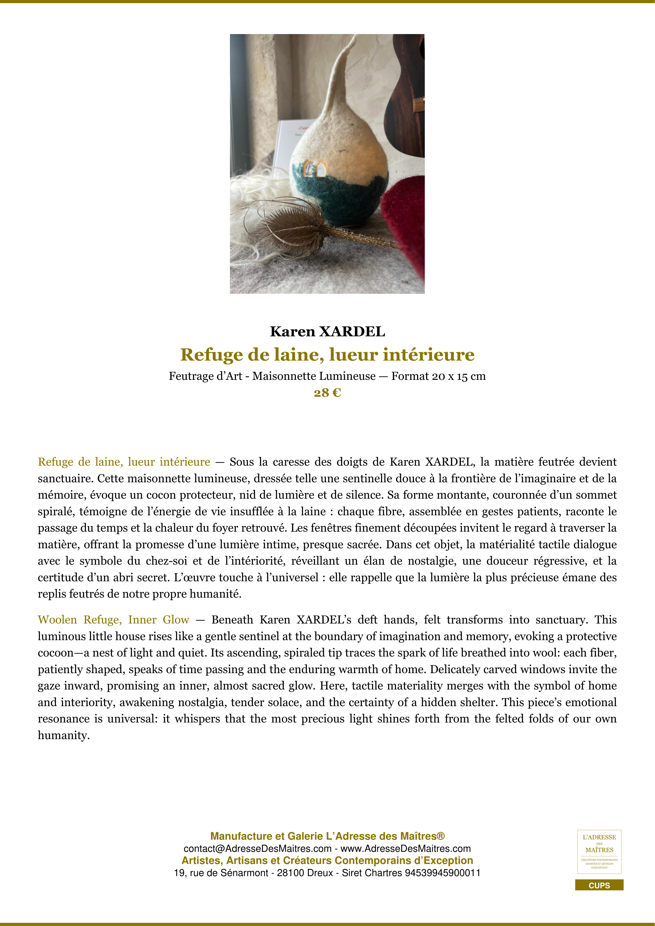 Fiche Premium — Refuge de laine, lueur intérieure — Karen XARDEL — L'Adresse des Maîtres®
