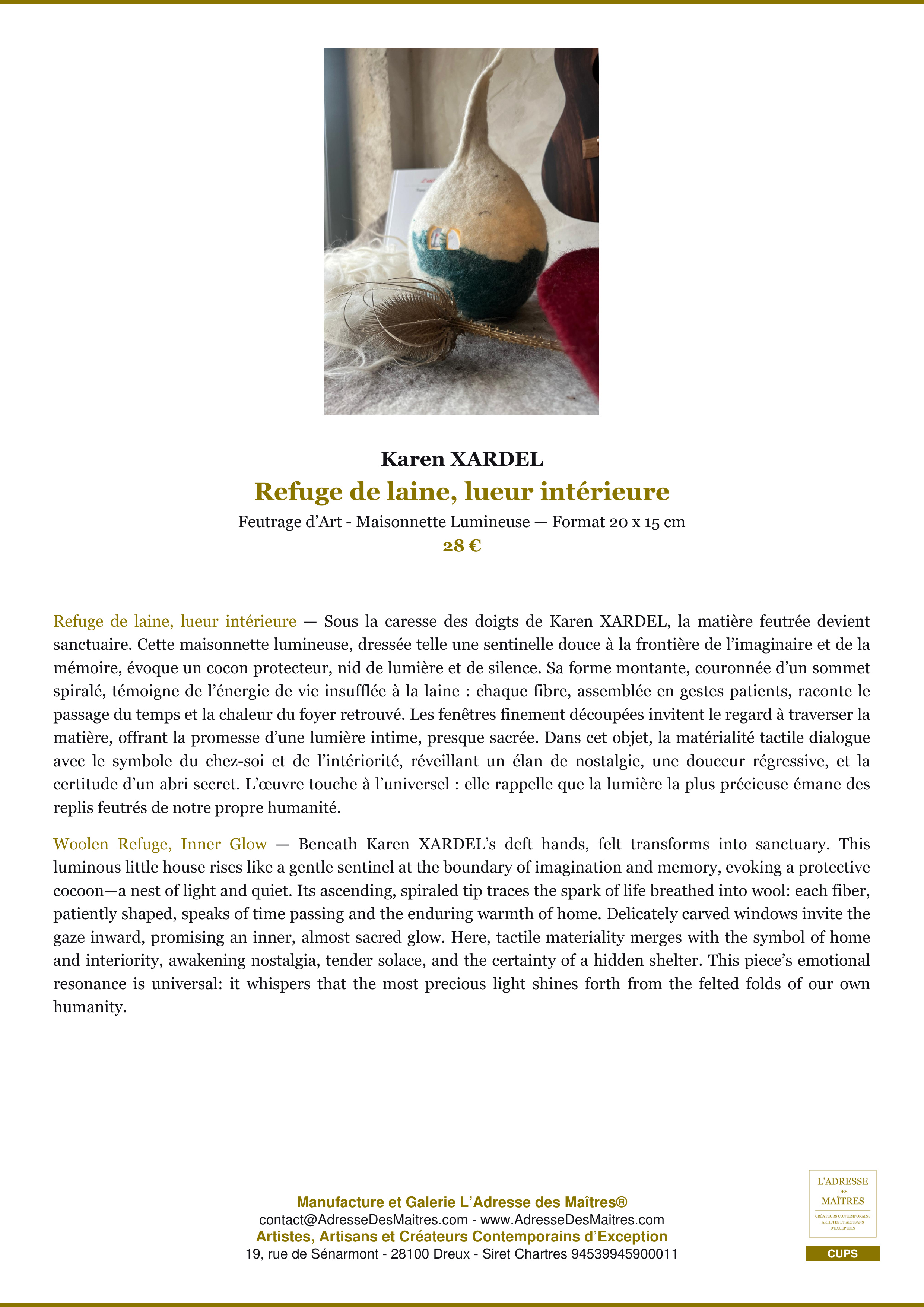 Fiche Premium — Refuge de laine, lueur intérieure — Karen XARDEL — L'Adresse des Maîtres®
