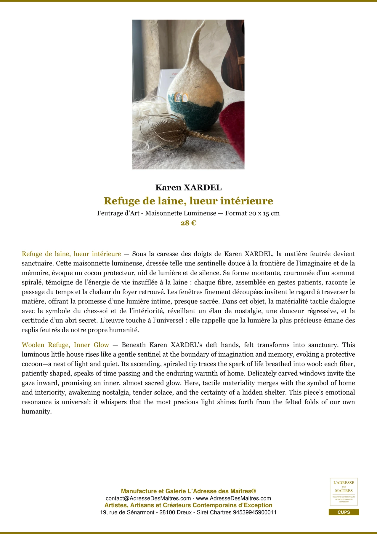 Fiche Premium - Refuge de laine, lueur intérieure - Karen XARDEL - L'Adresse des Maîtres®