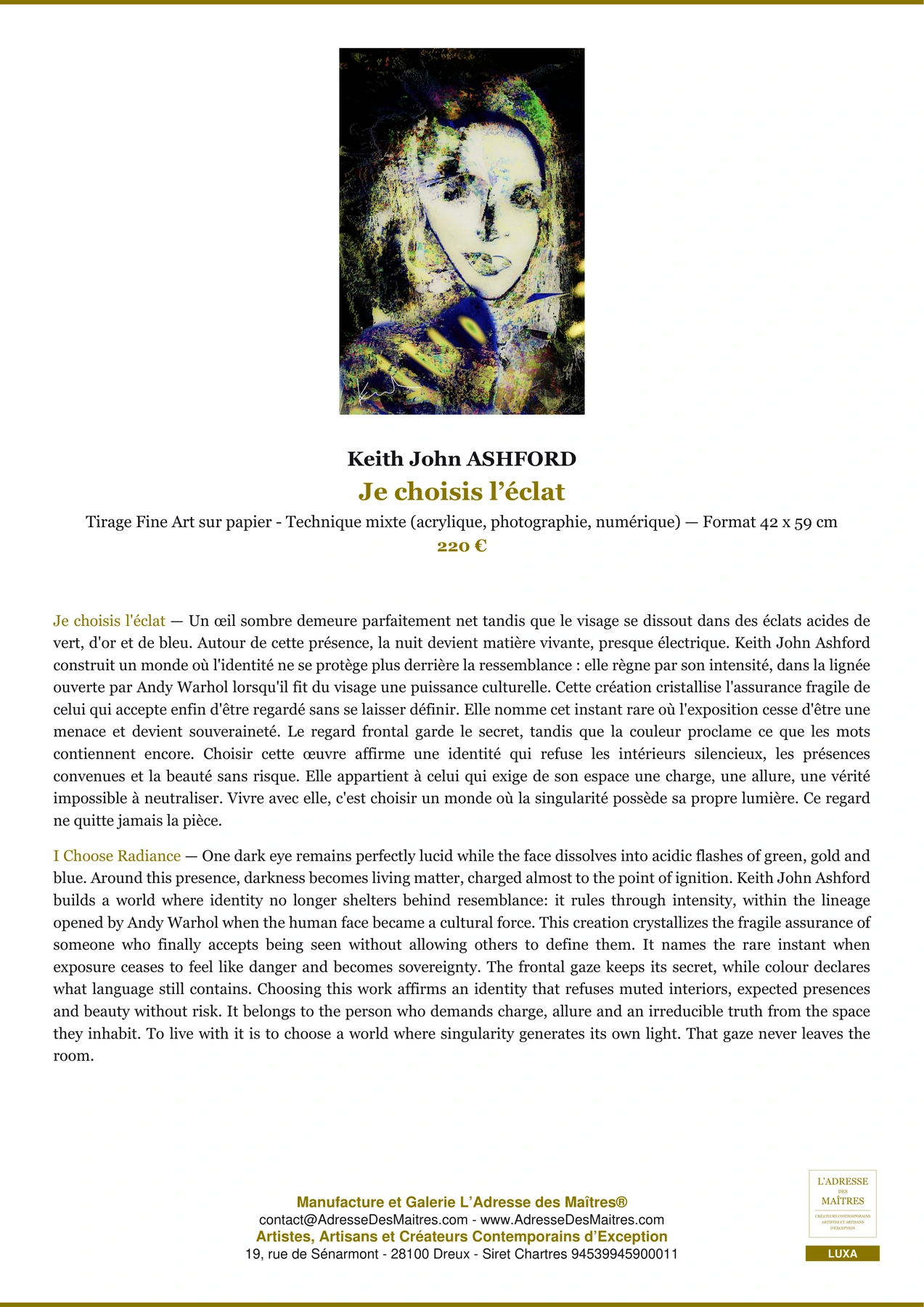 Fiche Premium - Je choisis l’éclat - Keith John ASHFORD - L'Adresse des Maîtres®