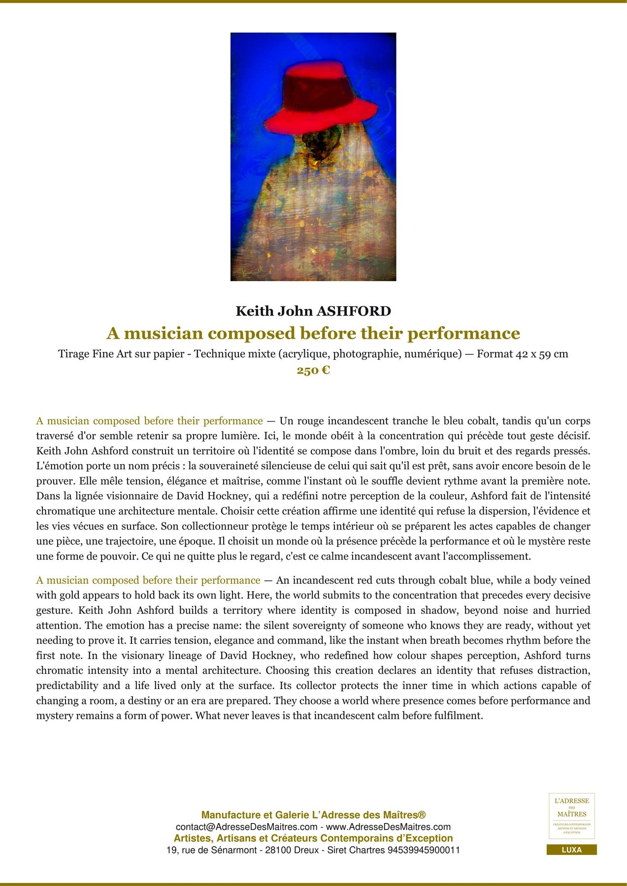 Fiche Premium - A musician composed before their performance - Keith John ASHFORD - L'Adresse des Maîtres®