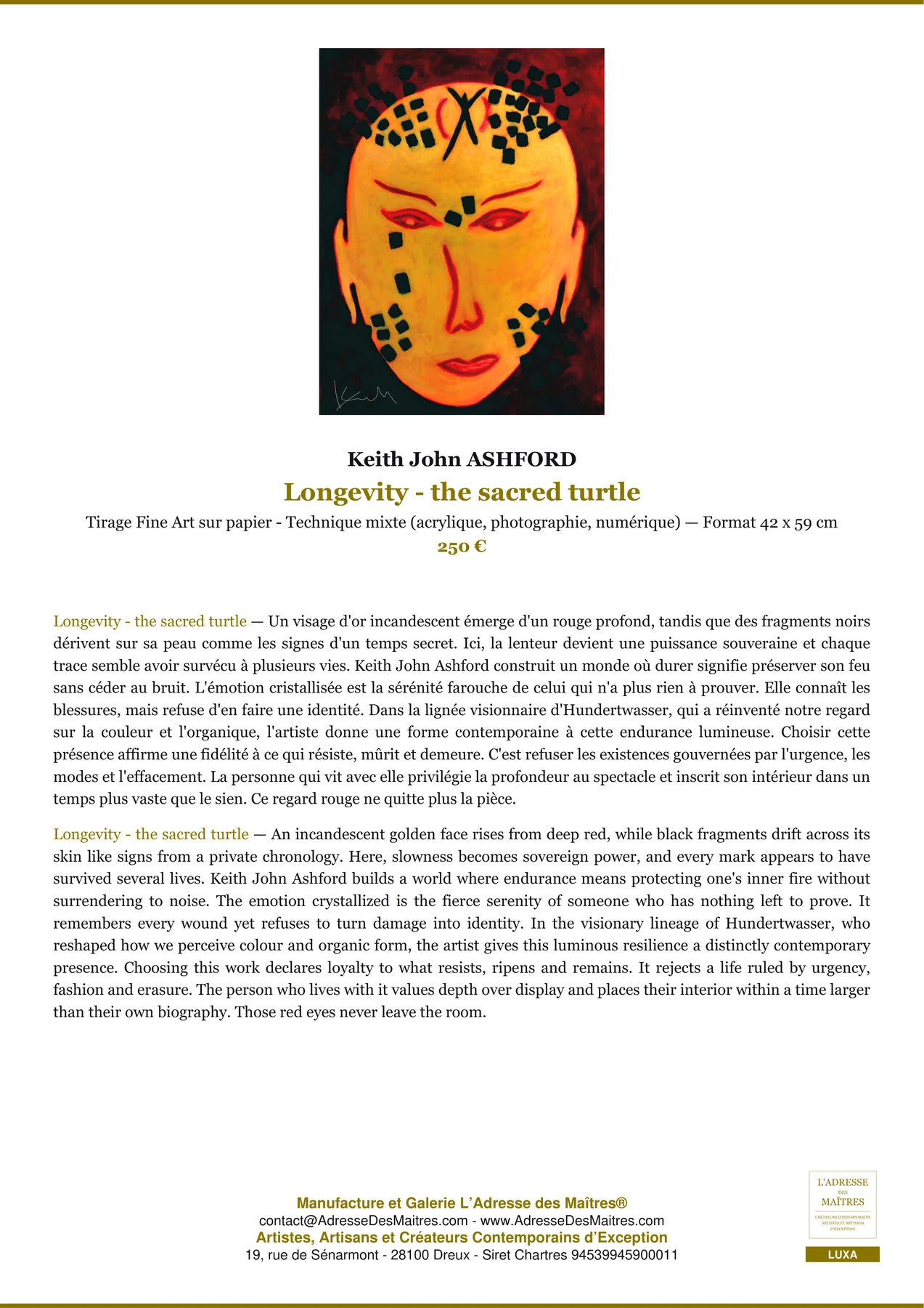 Fiche Premium - Longevity - the sacred turtle - Keith John ASHFORD - L'Adresse des Maîtres®