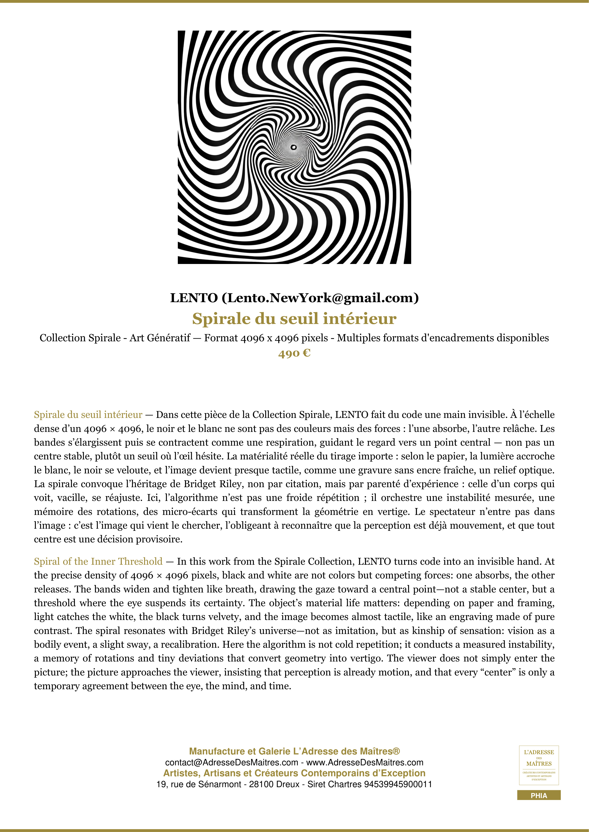 Fiche Premium — Spirale du seuil intérieur — LENTO (Lento.NewYork@gmail.com) — L'Adresse des Maîtres®