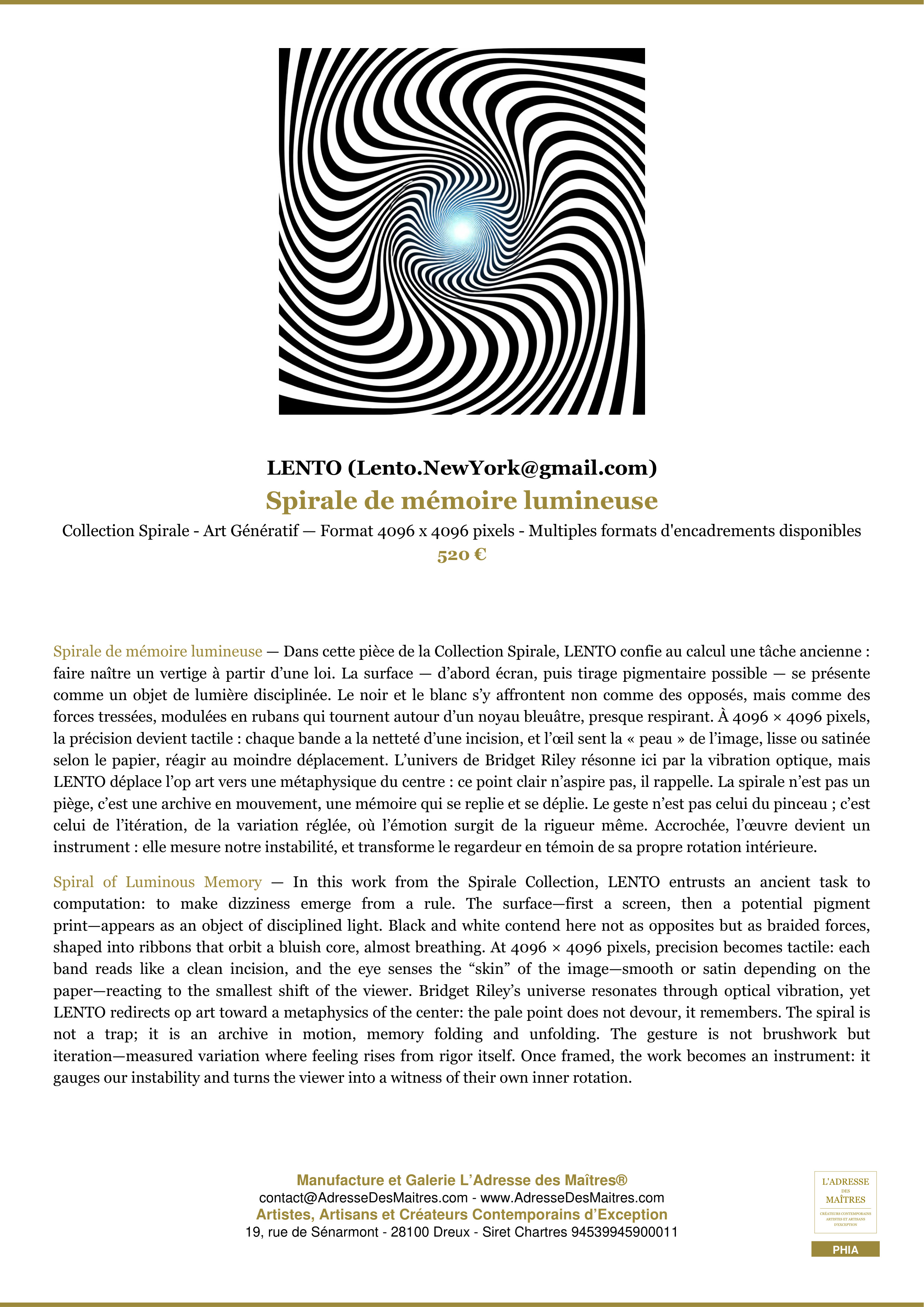 Fiche Premium — Spirale de mémoire lumineuse — LENTO (Lento.NewYork@gmail.com) — L'Adresse des Maîtres®