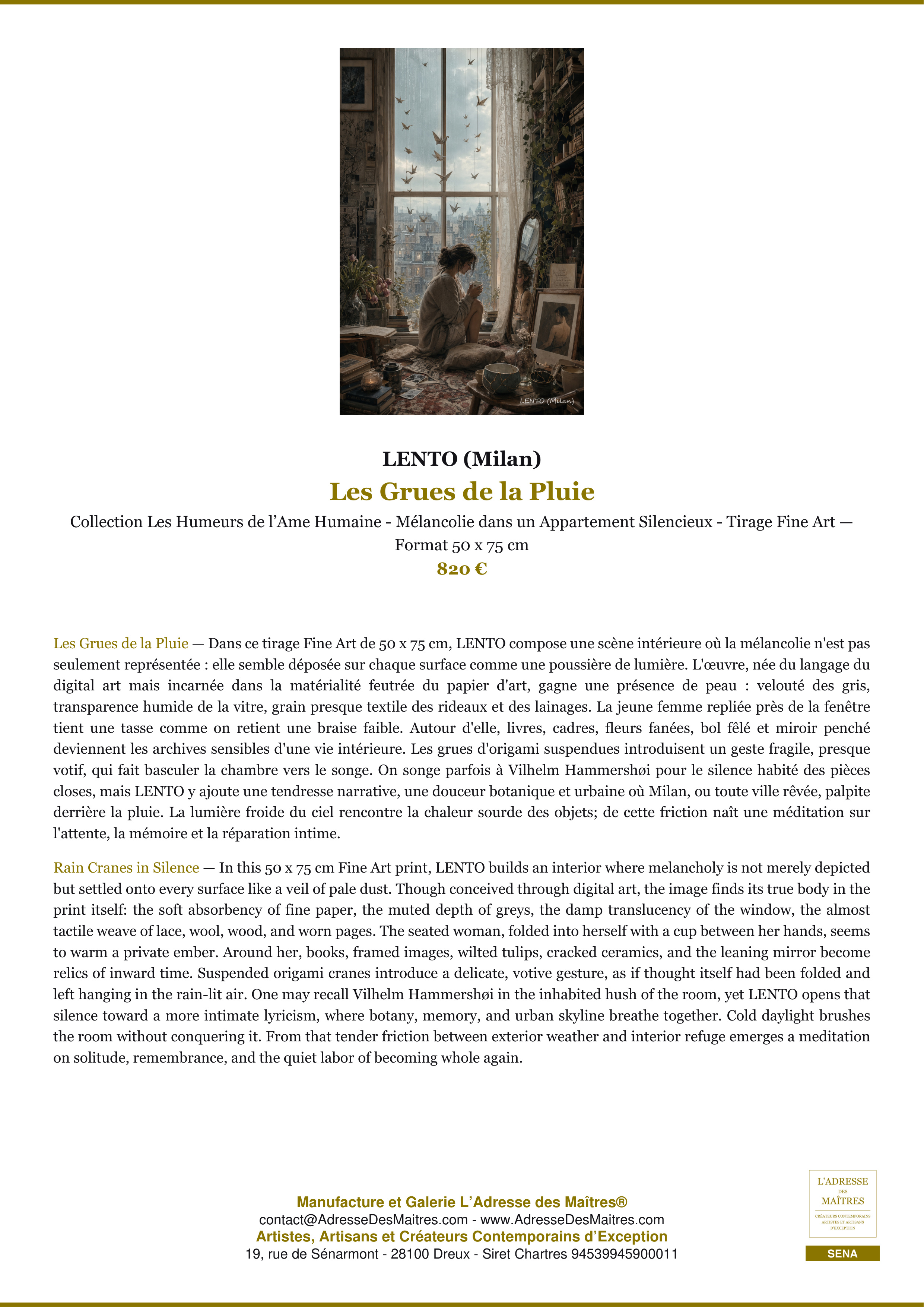 Fiche Premium — Les Grues de la Pluie — LENTO (Milan) — L'Adresse des Maîtres®