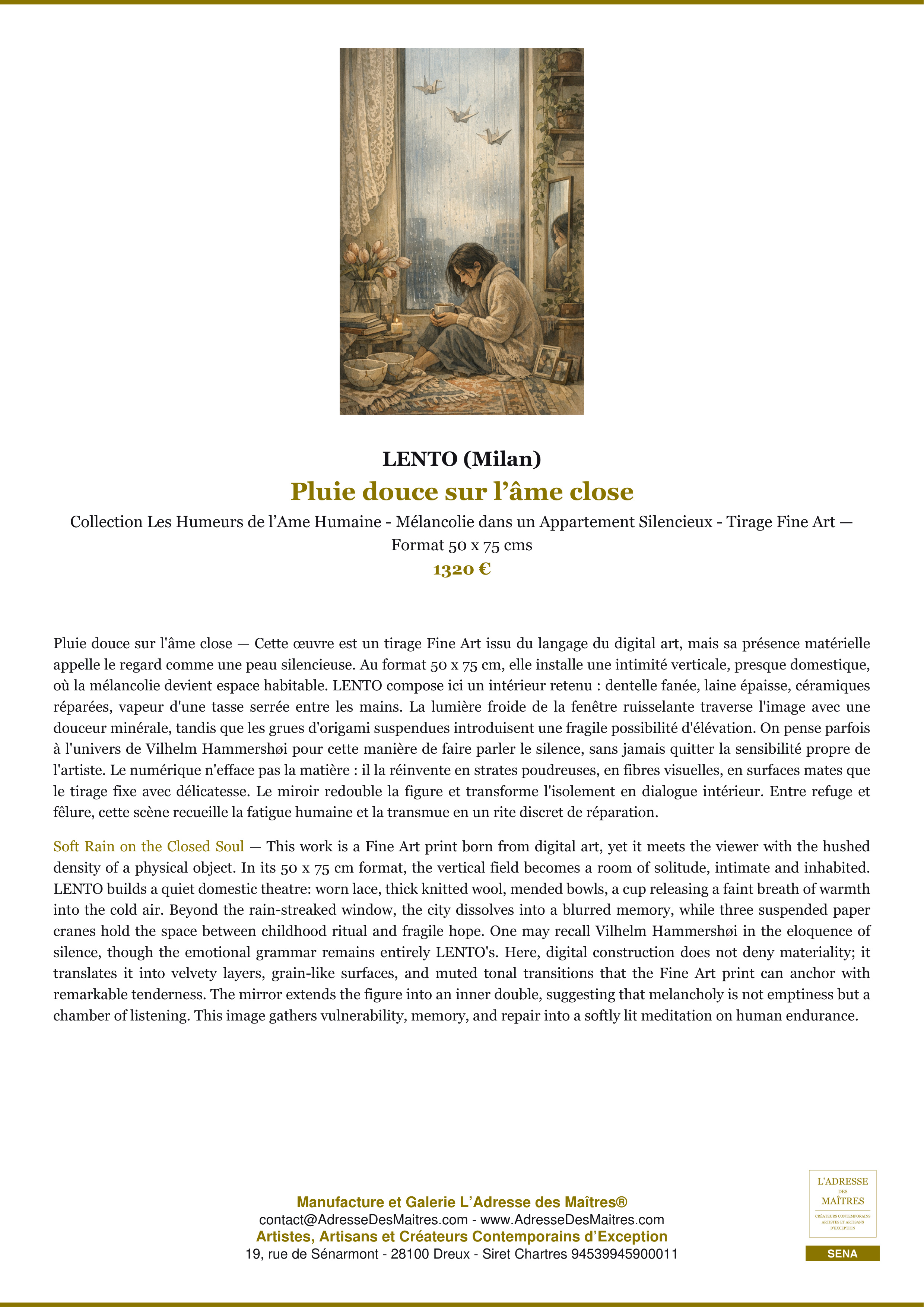 Fiche Premium — Pluie douce sur l’âme close — LENTO (Milan) — L'Adresse des Maîtres®