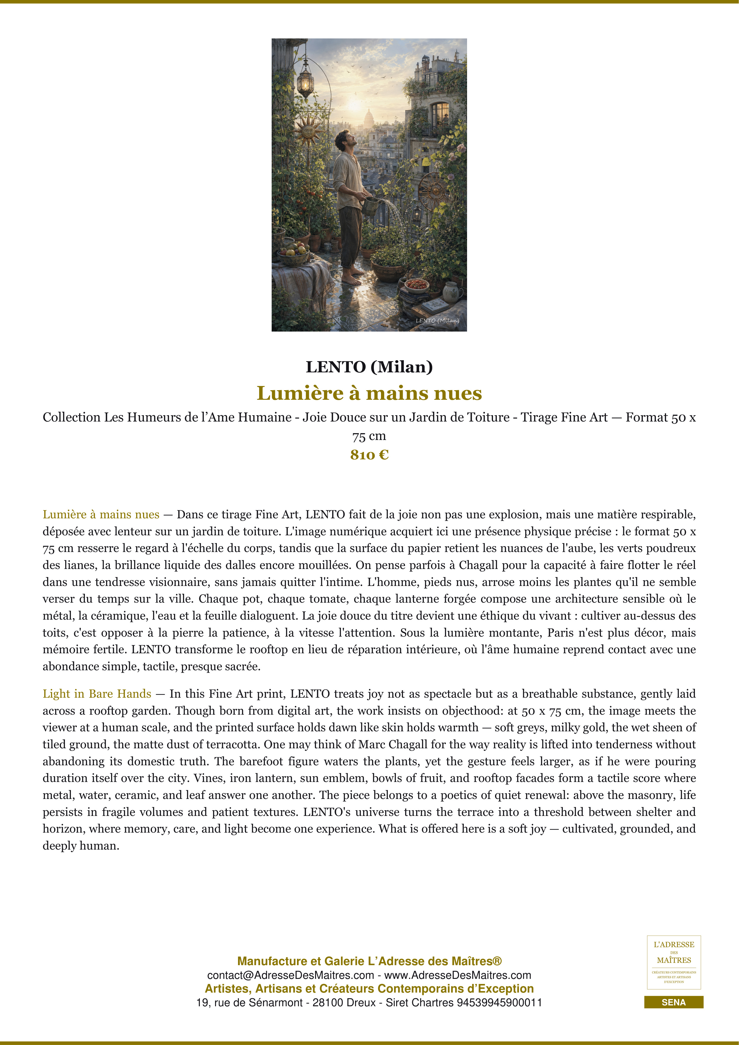 Fiche Premium — Lumière à mains nues — LENTO (Milan) — L'Adresse des Maîtres®
