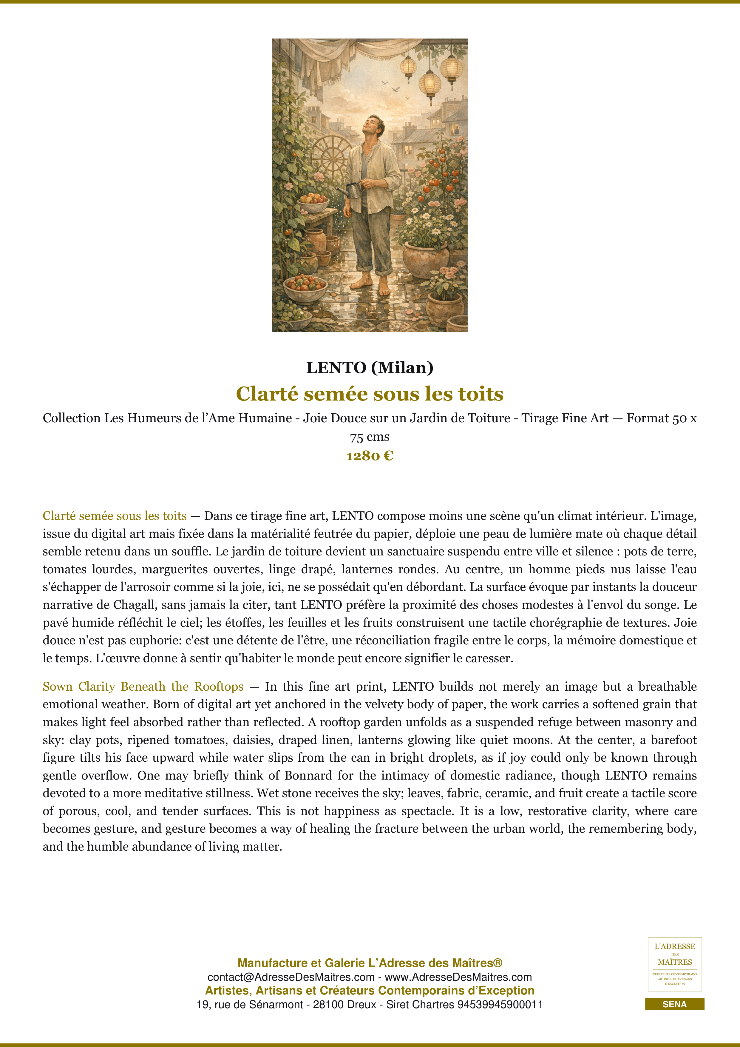 Fiche Premium — Clarté semée sous les toits — LENTO (Milan) — L'Adresse des Maîtres®