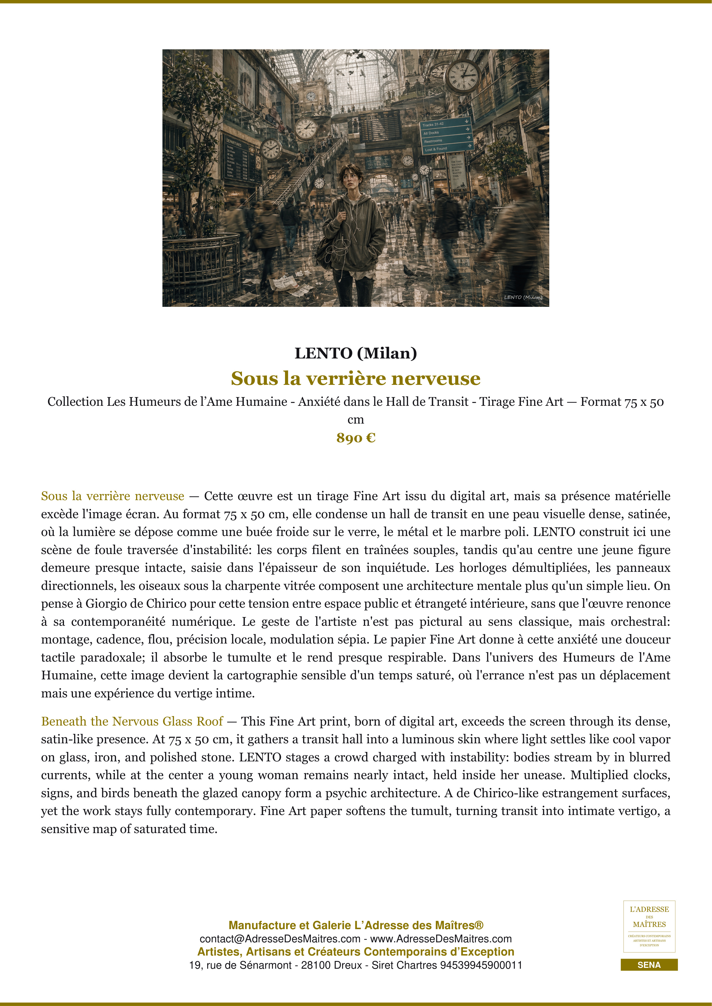 Fiche Premium — Sous la verrière nerveuse — LENTO (Milan) — L'Adresse des Maîtres®