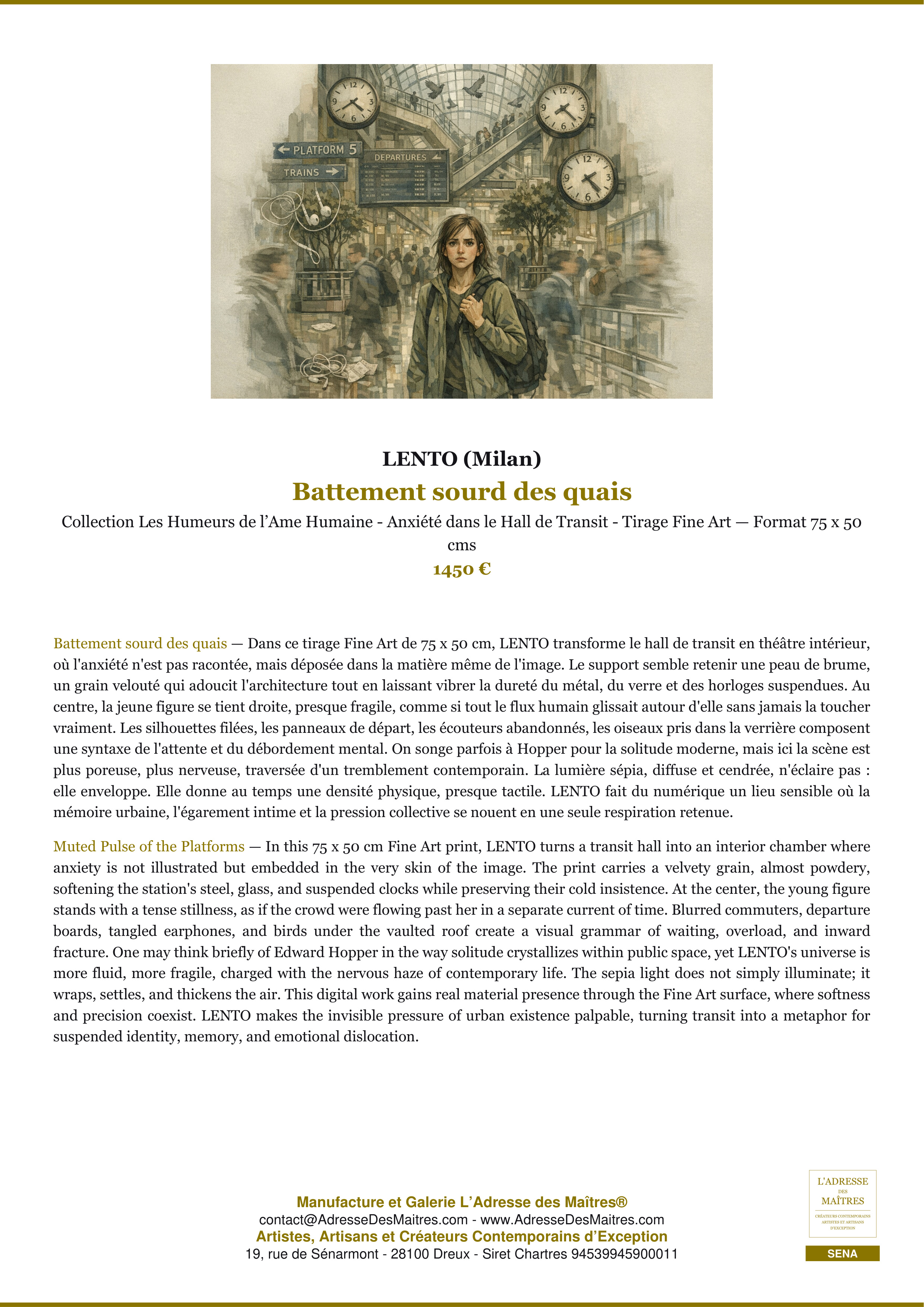 Fiche Premium — Battement sourd des quais — LENTO (Milan) — L'Adresse des Maîtres®