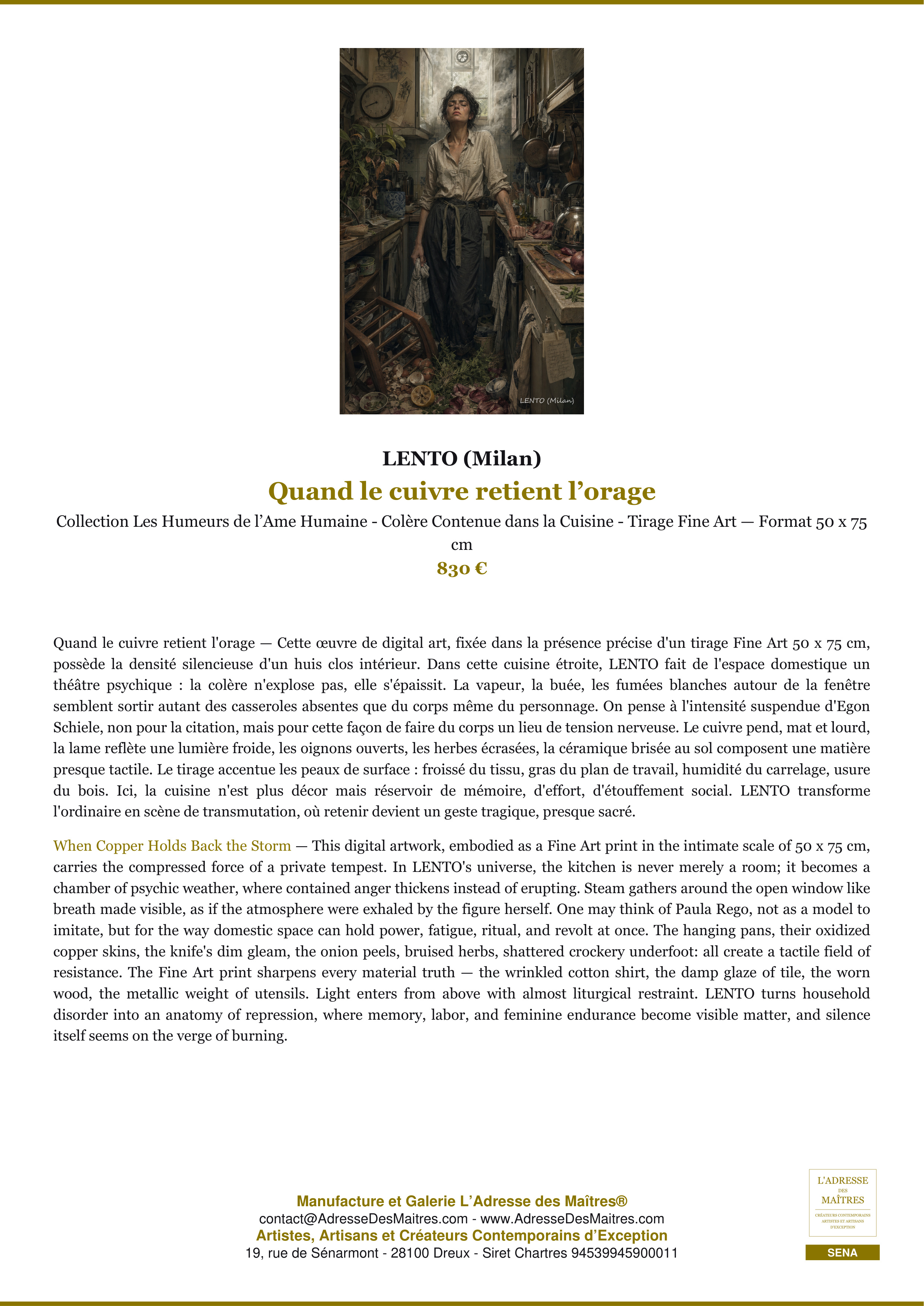 Fiche Premium — Quand le cuivre retient l’orage — LENTO (Milan) — L'Adresse des Maîtres®