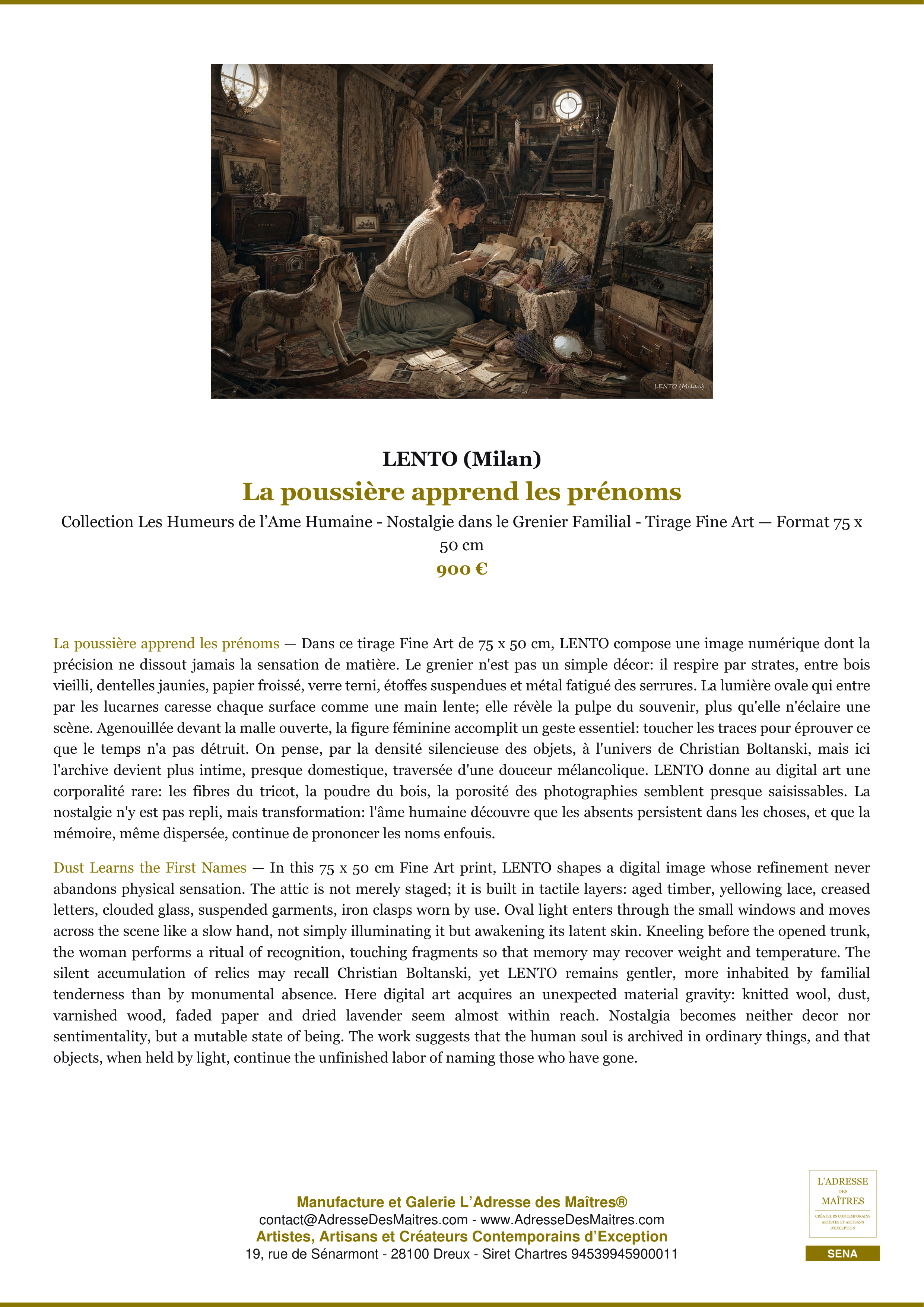 Fiche Premium — La poussière apprend les prénoms — LENTO (Milan) — L'Adresse des Maîtres®