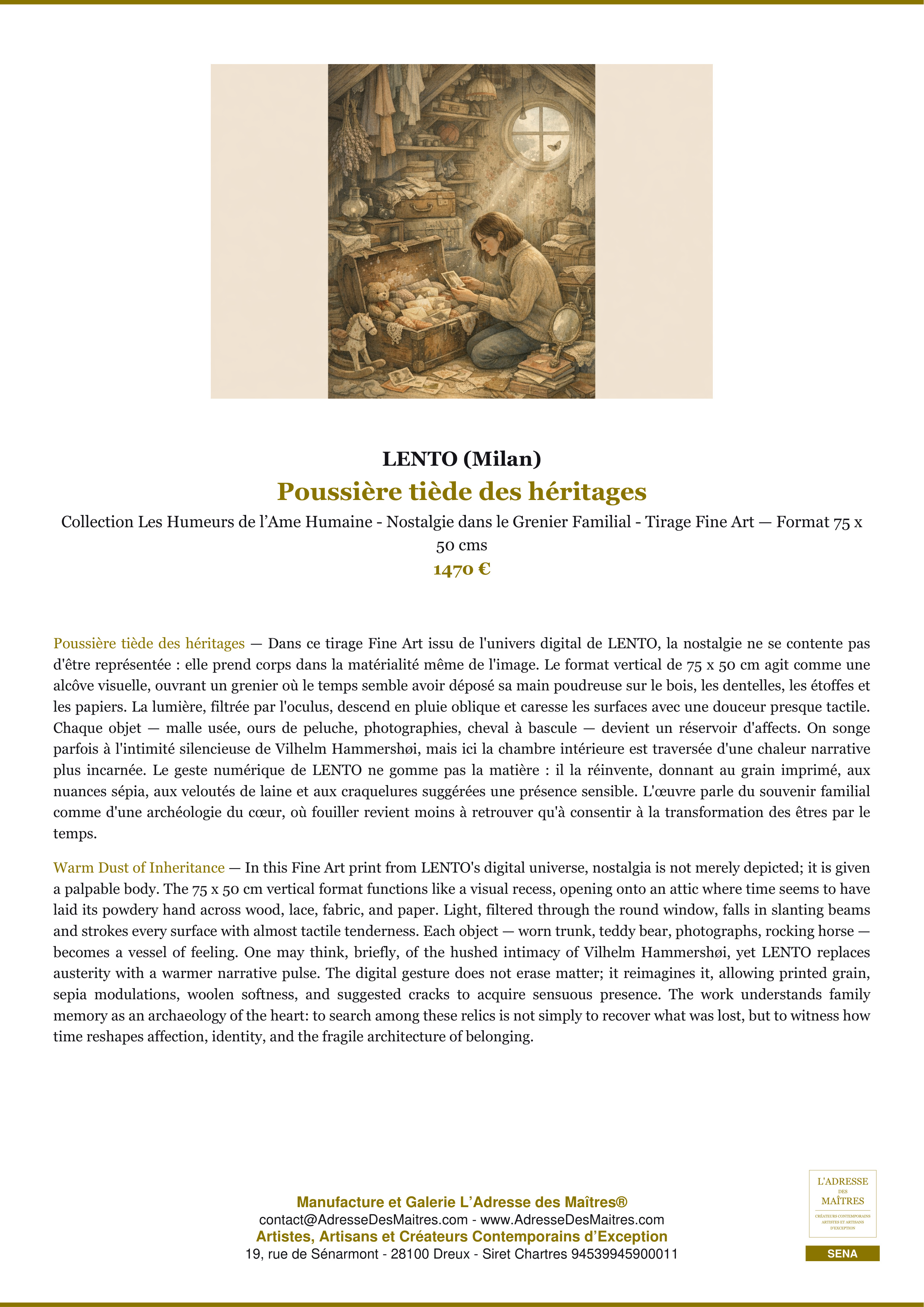 Fiche Premium — Poussière tiède des héritages — LENTO (Milan) — L'Adresse des Maîtres®