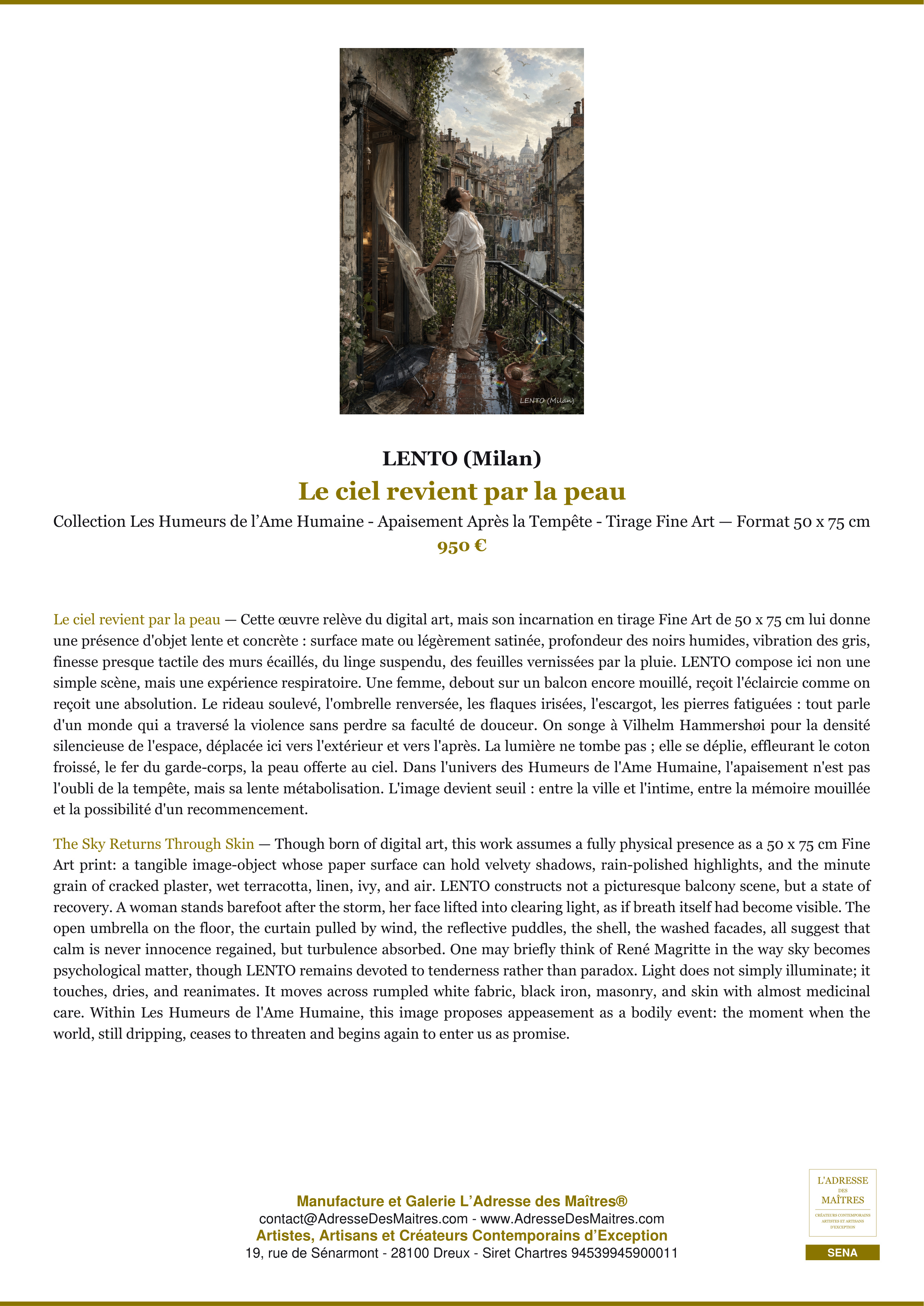 Fiche Premium — Le ciel revient par la peau — LENTO (Milan) — L'Adresse des Maîtres®