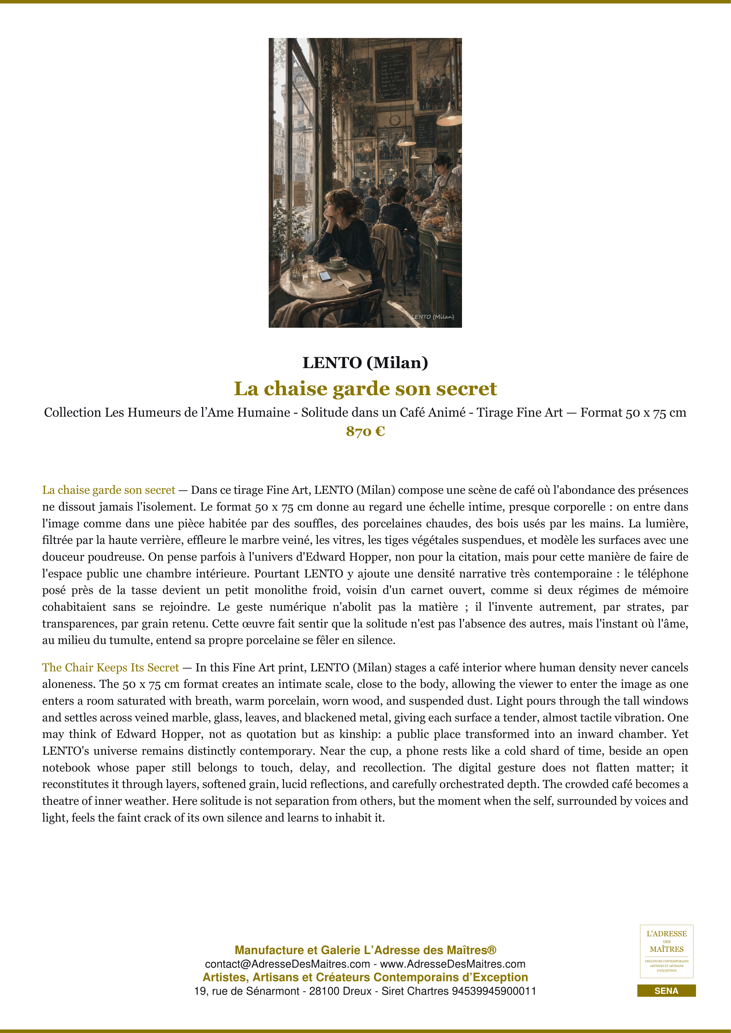 Fiche Premium — La chaise garde son secret — LENTO (Milan) — L'Adresse des Maîtres®