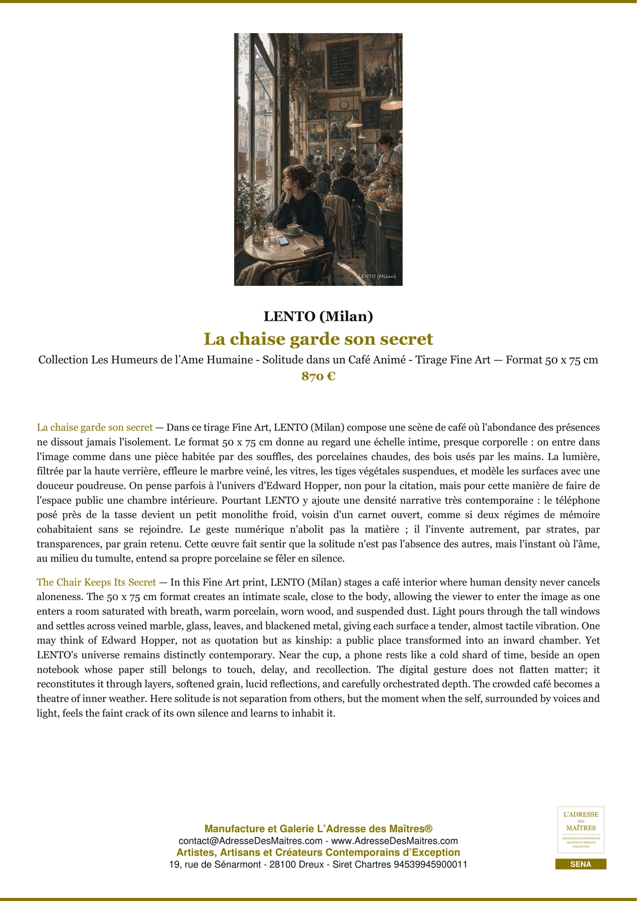 Fiche Premium — La chaise garde son secret — LENTO (Milan) — L'Adresse des Maîtres®