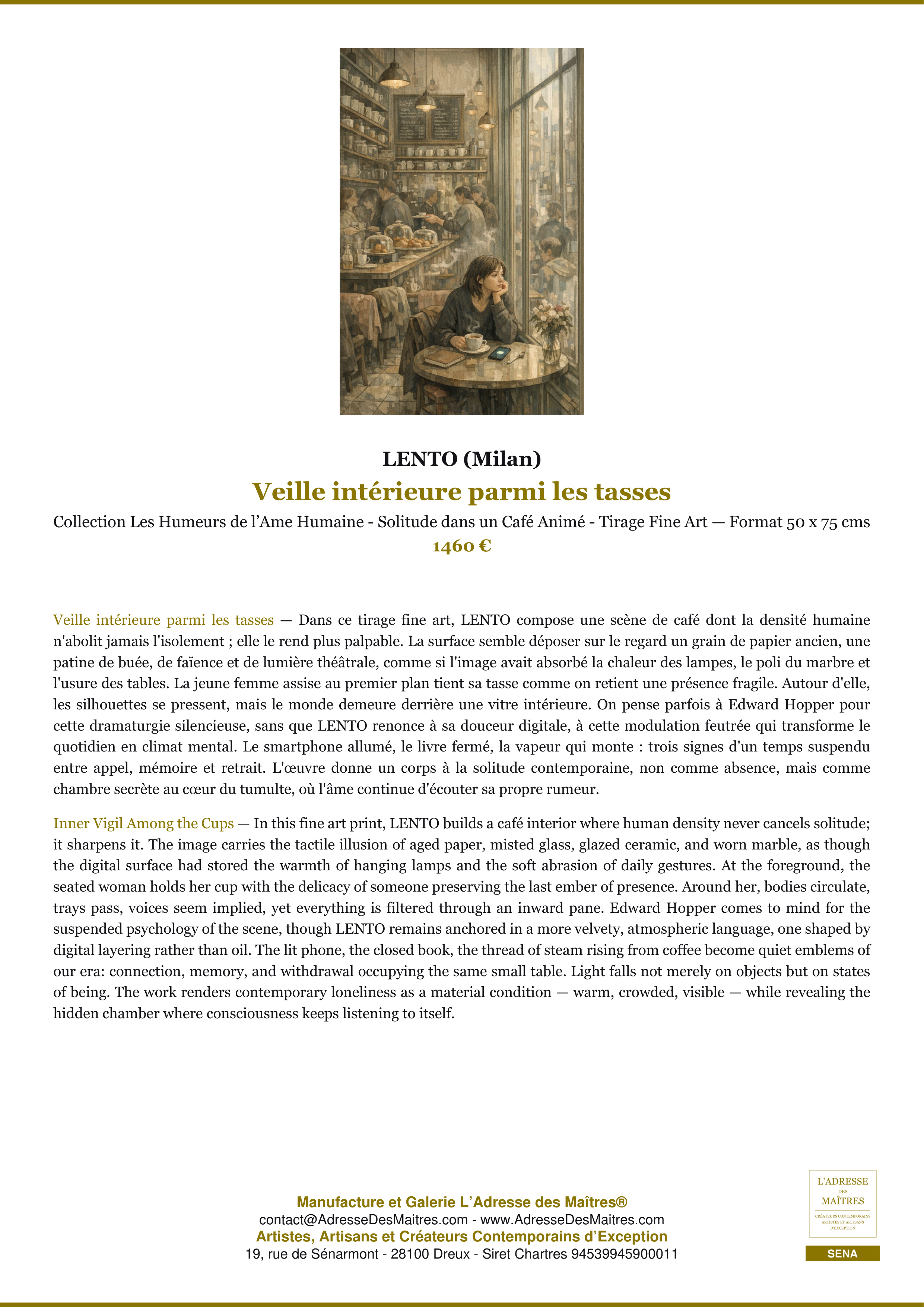 Fiche Premium — Veille intérieure parmi les tasses — LENTO (Milan) — L'Adresse des Maîtres®