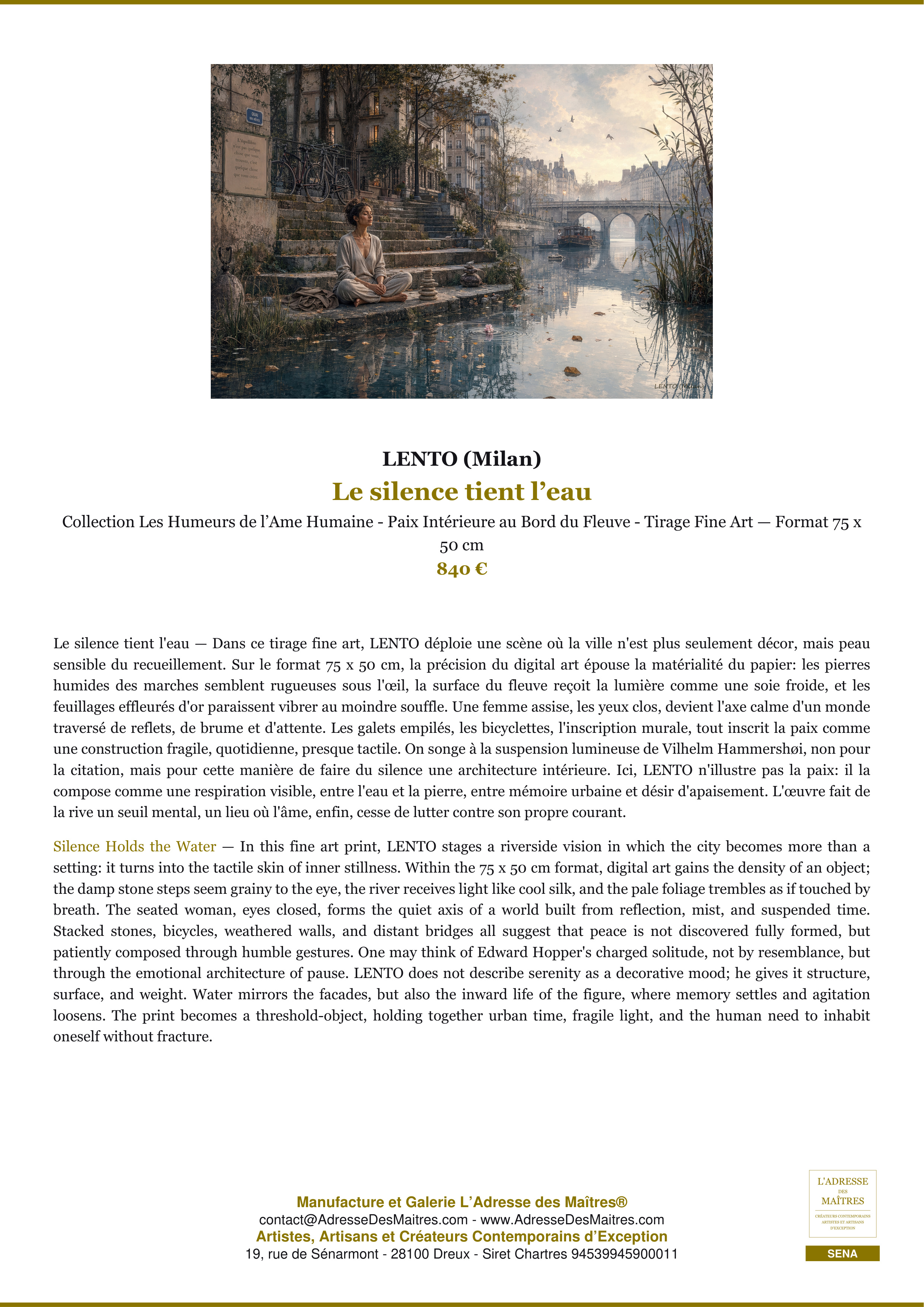 Fiche Premium — Le silence tient l’eau — LENTO (Milan) — L'Adresse des Maîtres®