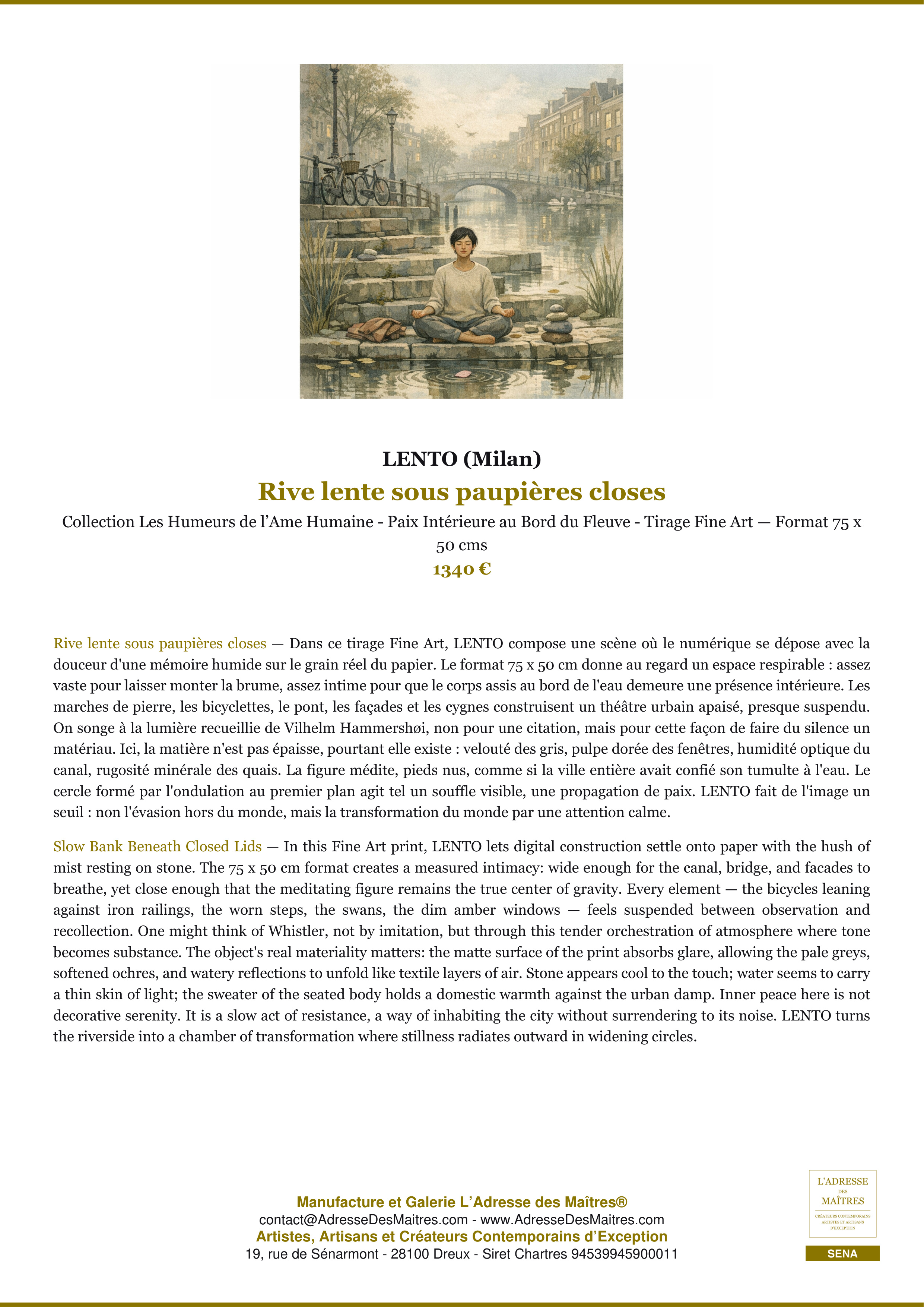 Fiche Premium — Rive lente sous paupières closes — LENTO (Milan) — L'Adresse des Maîtres®