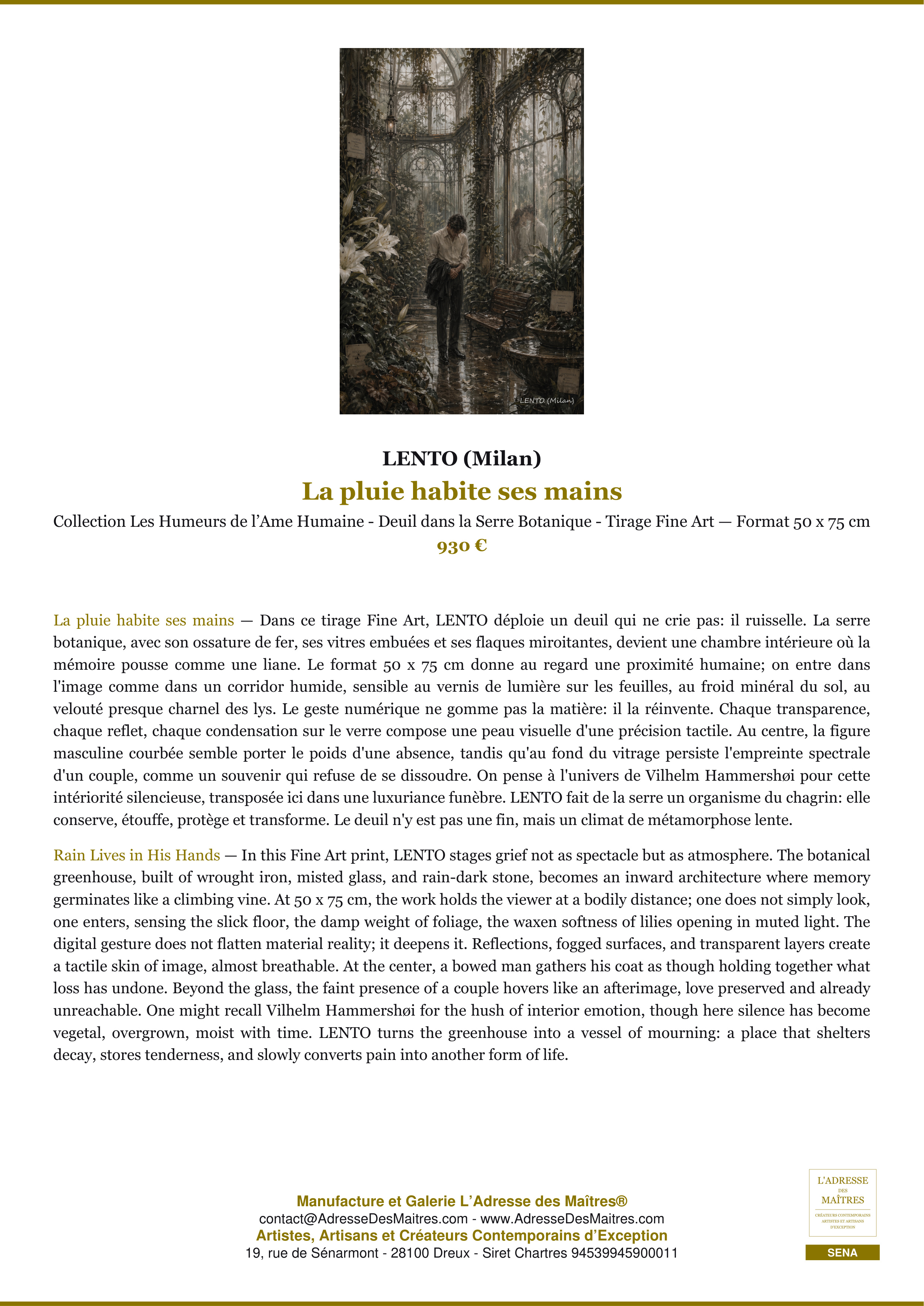 Fiche Premium — La pluie habite ses mains — LENTO (Milan) — L'Adresse des Maîtres®