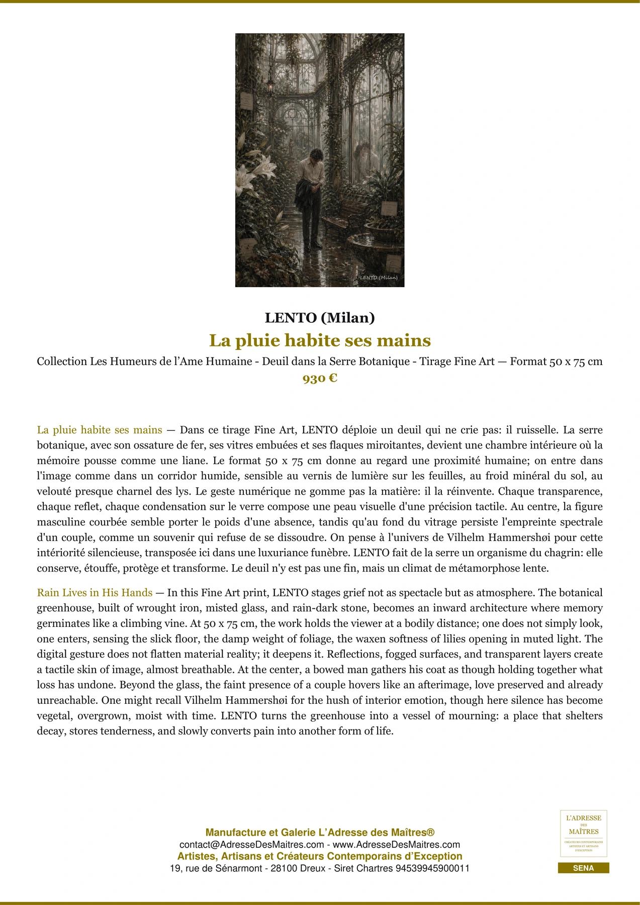 Fiche Premium — La pluie habite ses mains — LENTO (Milan) — L'Adresse des Maîtres®