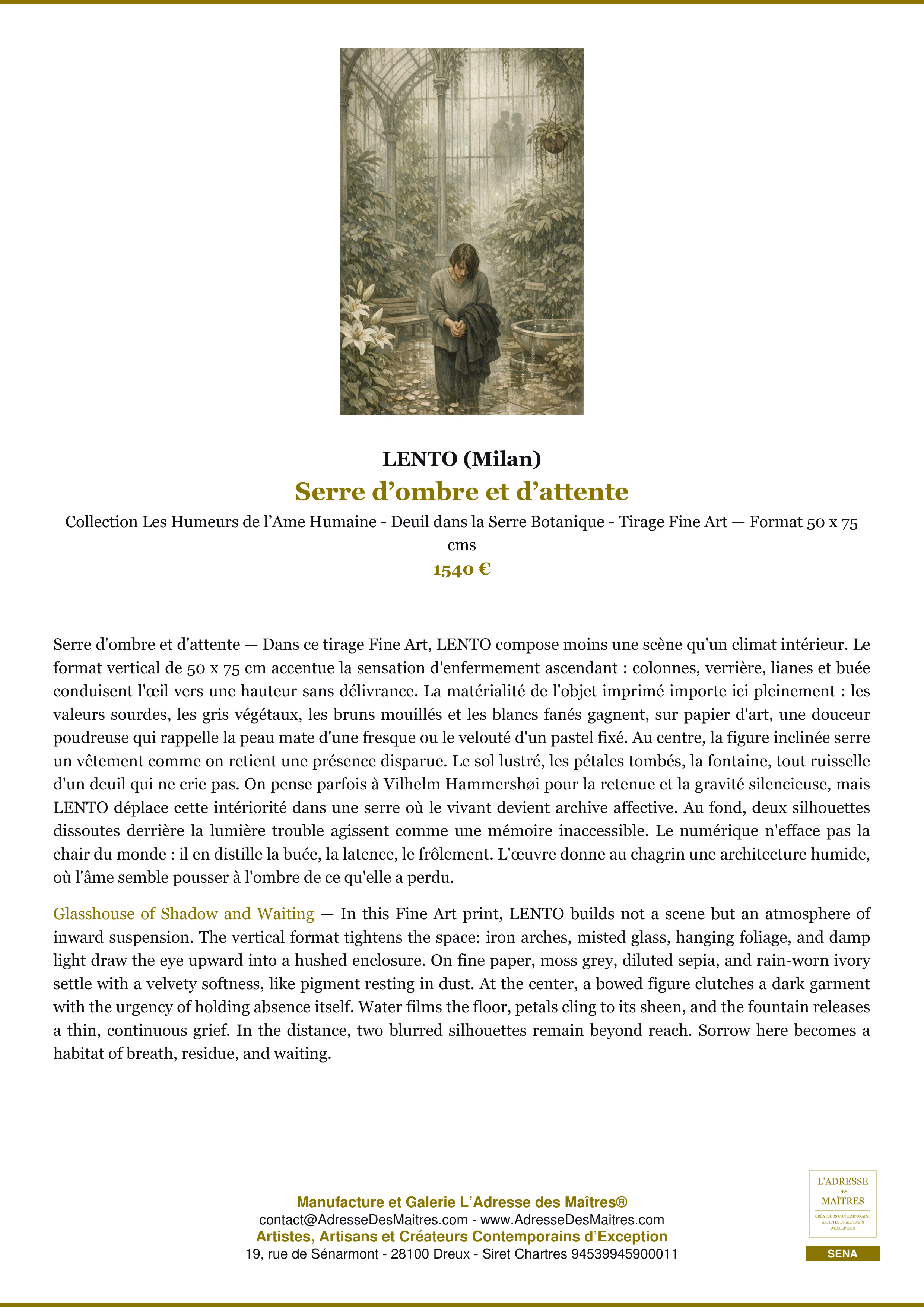 Fiche Premium — Serre d’ombre et d’attente — LENTO (Milan) — L'Adresse des Maîtres®