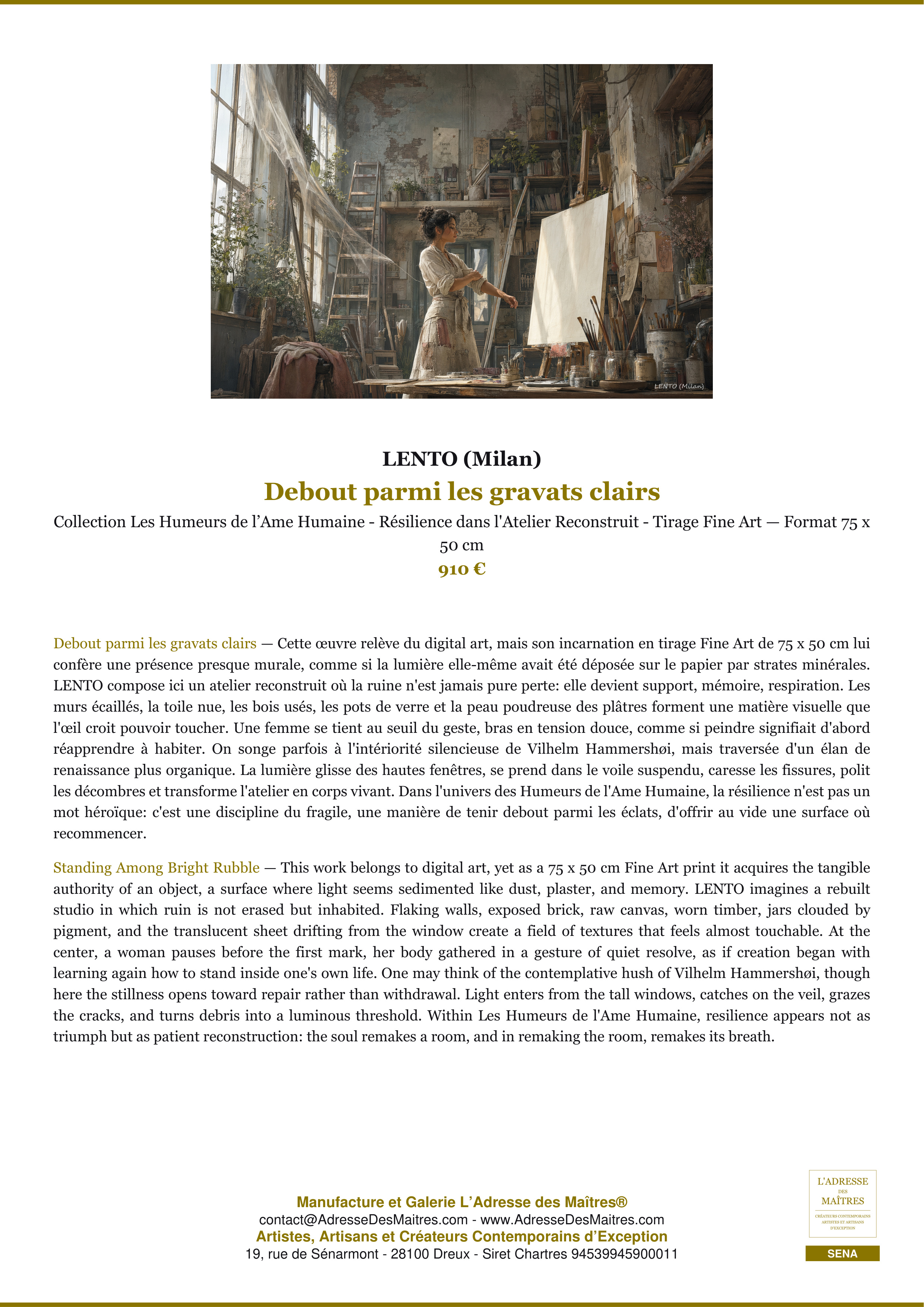 Fiche Premium — Debout parmi les gravats clairs — LENTO (Milan) — L'Adresse des Maîtres®
