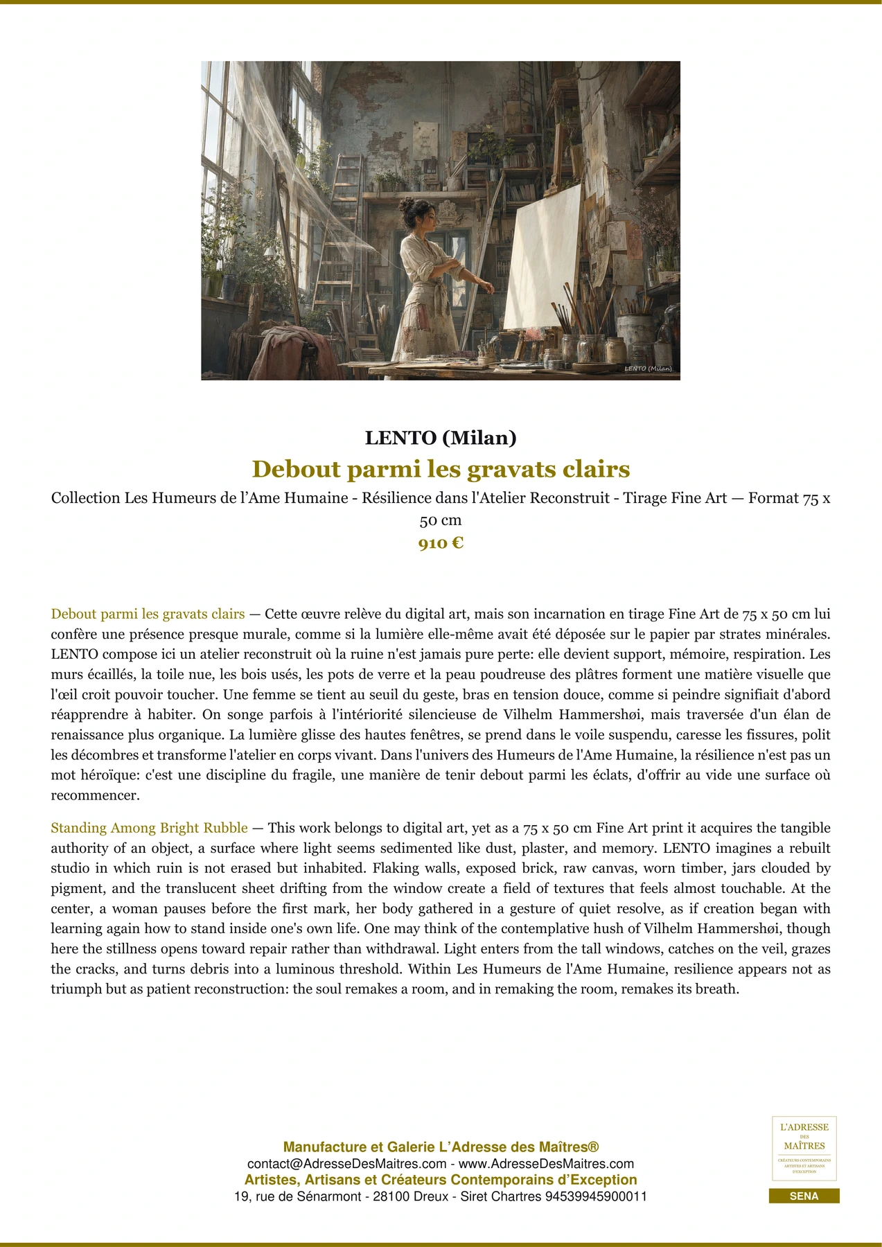 Fiche Premium — Debout parmi les gravats clairs — LENTO (Milan) — L'Adresse des Maîtres®