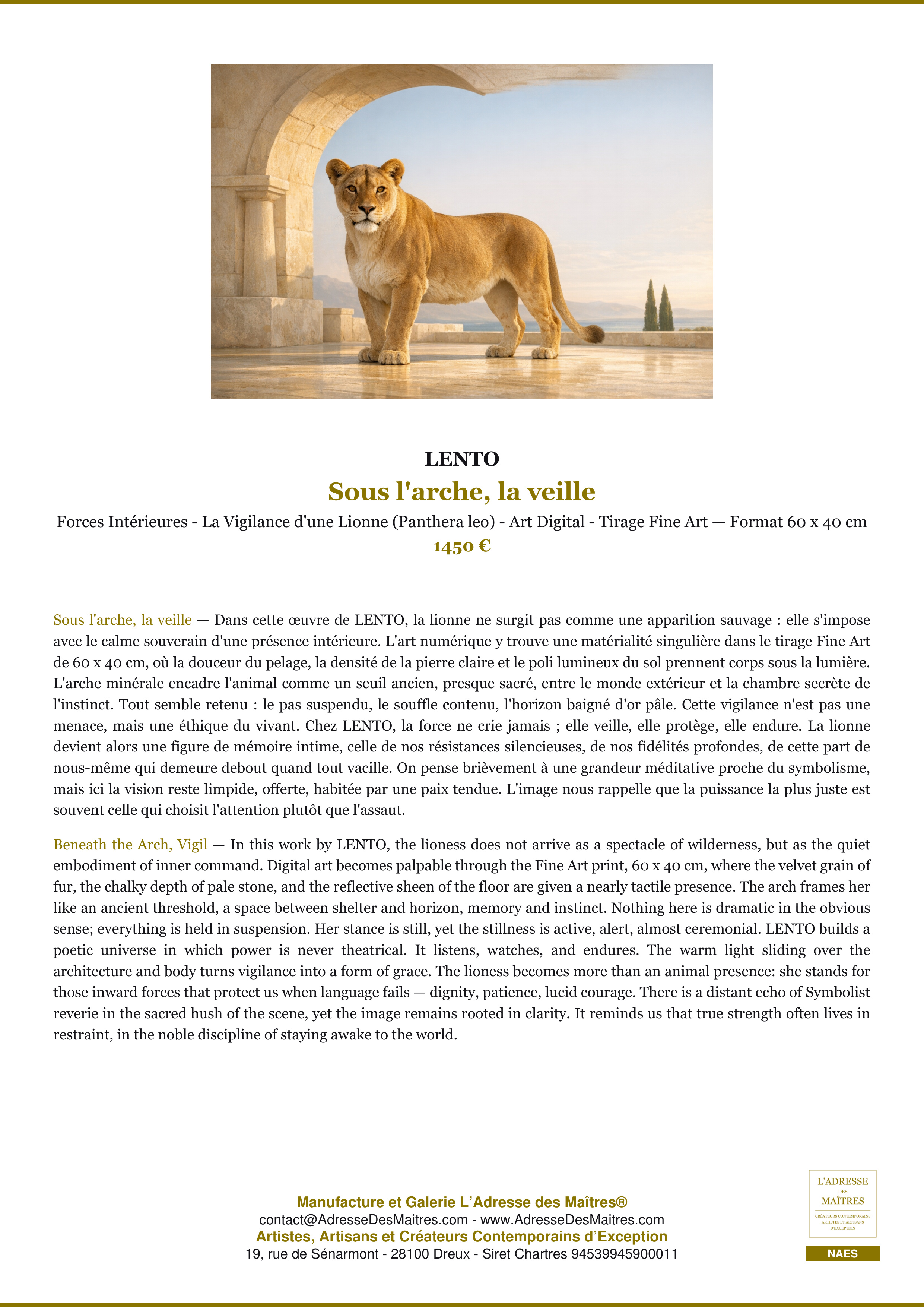 Fiche Premium — Sous l'arche, la veille — LENTO — L'Adresse des Maîtres®