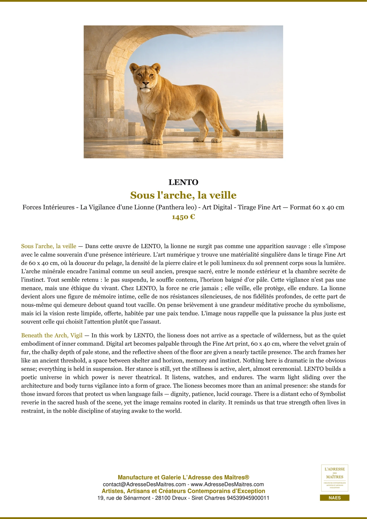 Fiche Premium — Sous l'arche, la veille — LENTO — L'Adresse des Maîtres®