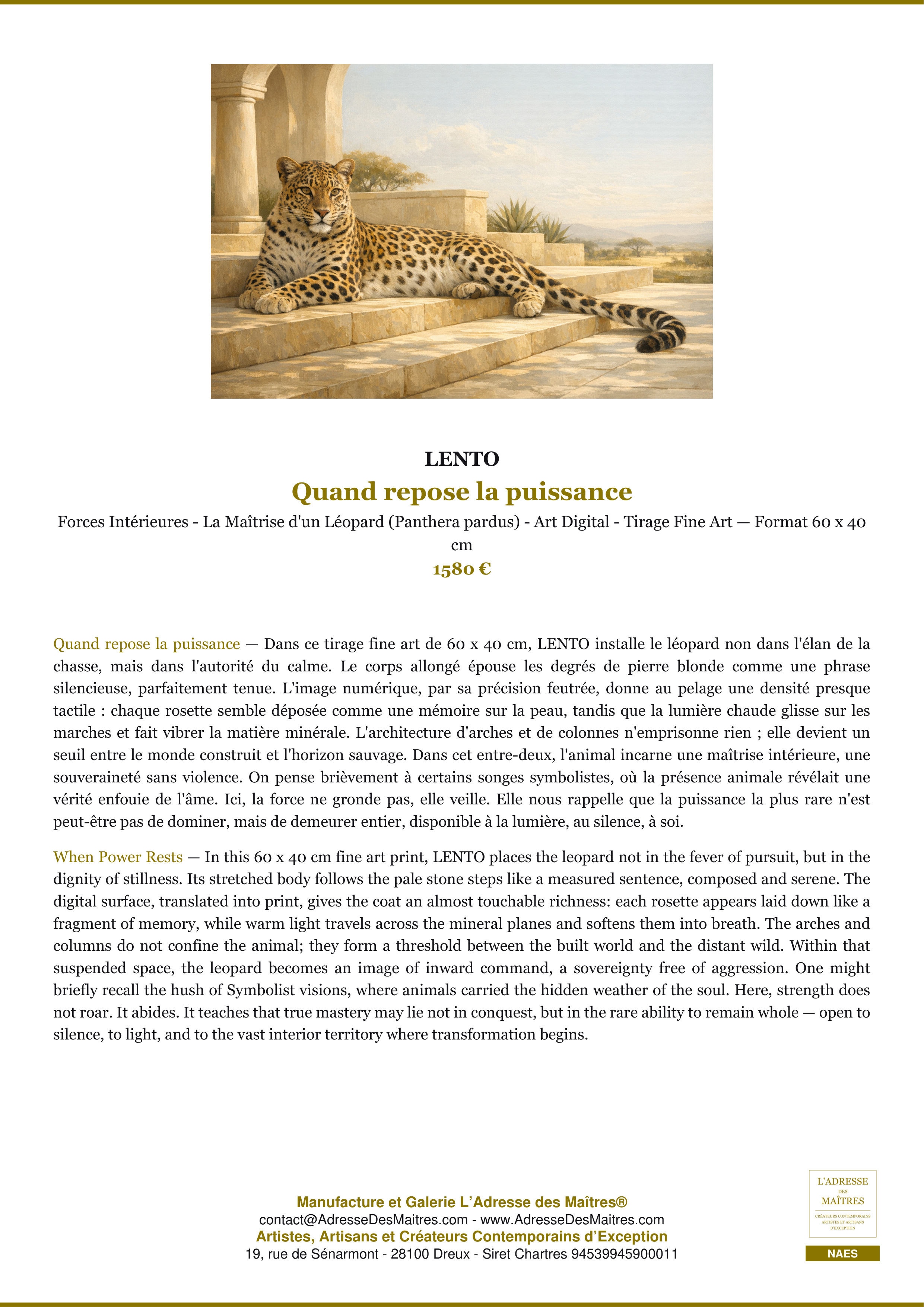 Fiche Premium — Quand repose la puissance — LENTO — L'Adresse des Maîtres®