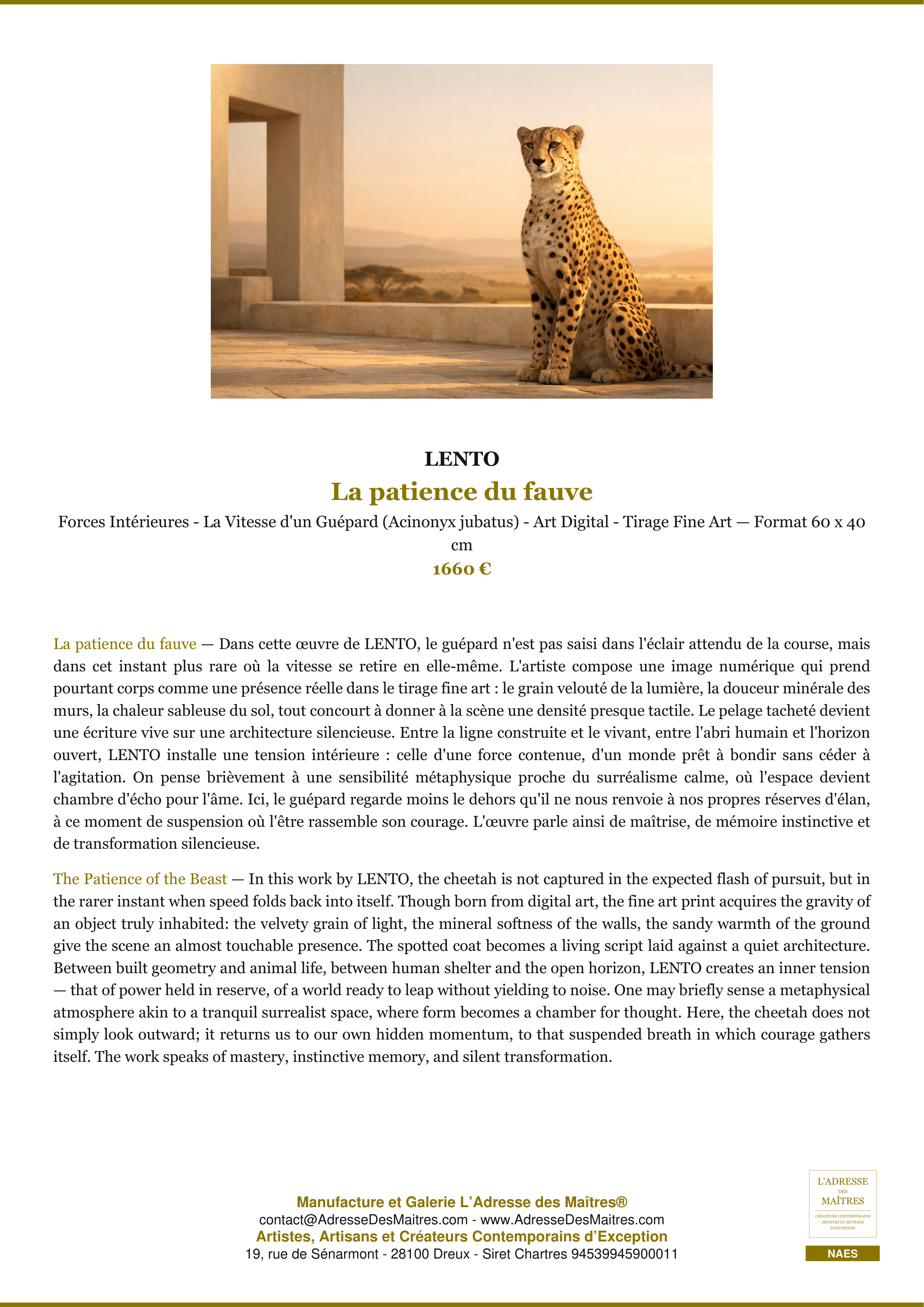 Fiche Premium — La patience du fauve — LENTO — L'Adresse des Maîtres®