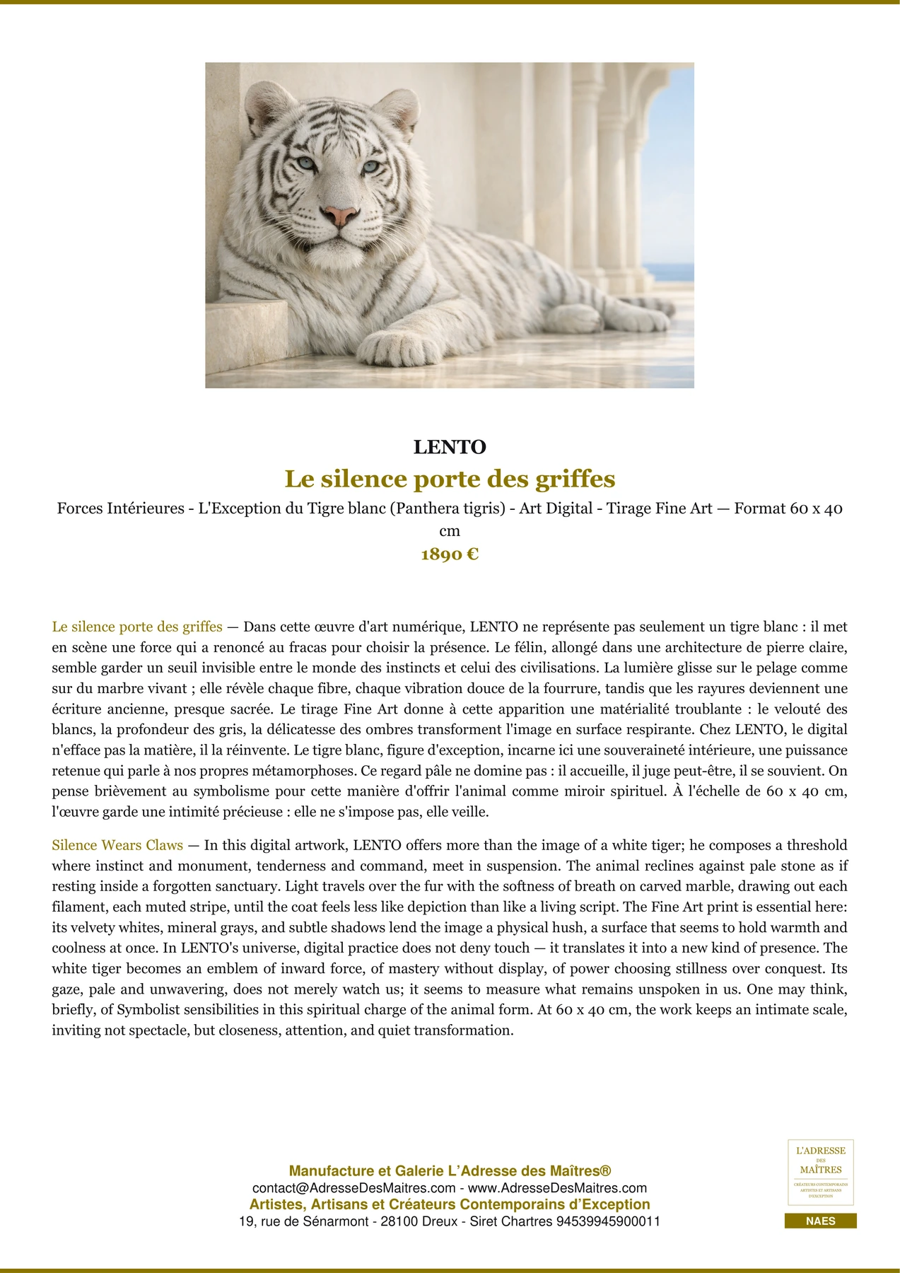 Fiche Premium — Le silence porte des griffes — LENTO — L'Adresse des Maîtres®