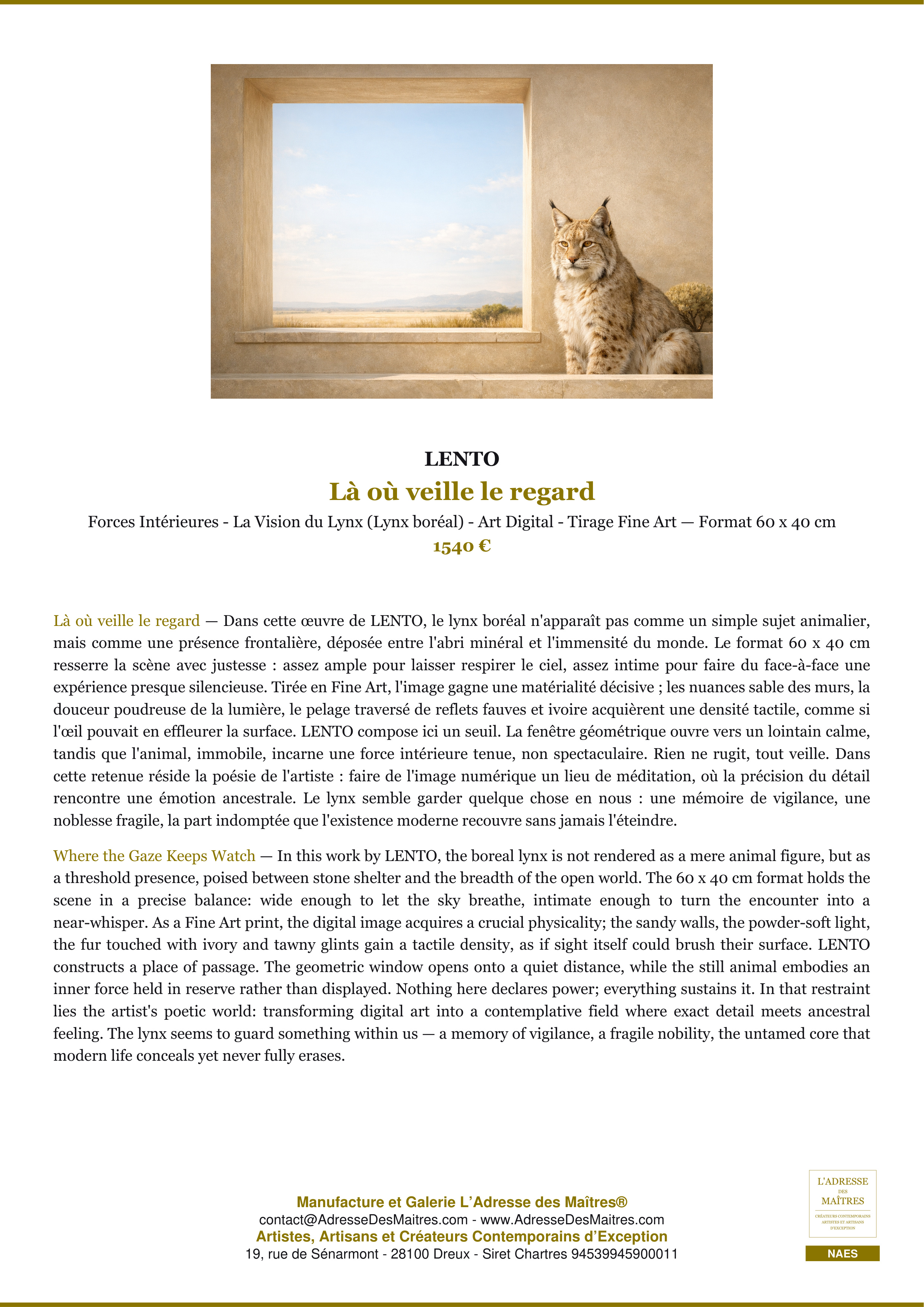 Fiche Premium — Là où veille le regard — LENTO — L'Adresse des Maîtres®