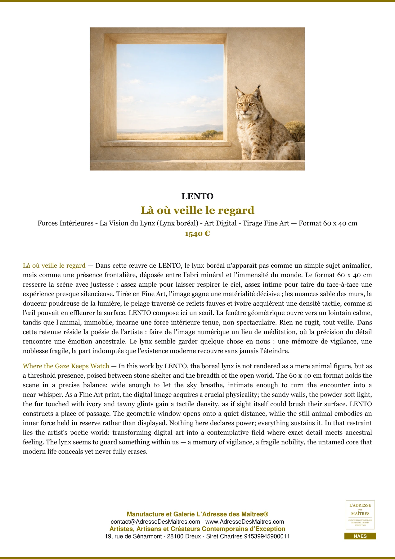 Fiche Premium — Là où veille le regard — LENTO — L'Adresse des Maîtres®